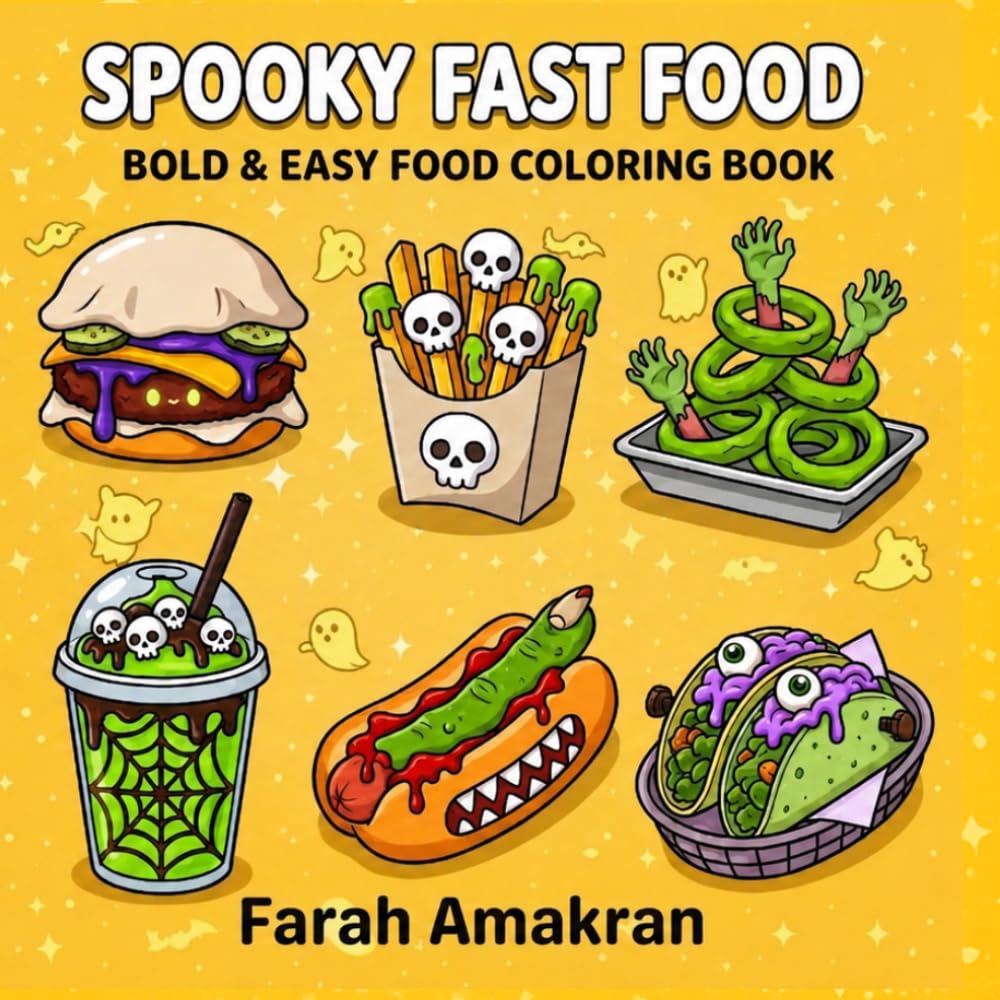 Spooky Fast Food Bold & Easy Food Coloring Book for Teens and Adults: 40 Cute Kawaii Burgers, Fries, Pizza, Drinks and Creepy Snacks to Color and Relax