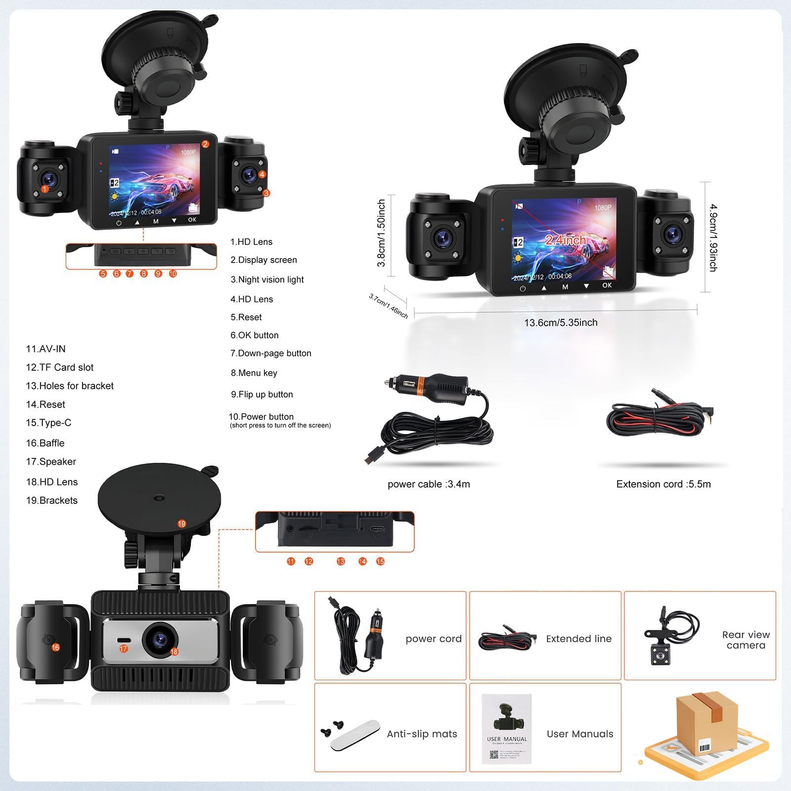 CAMECHO Dashcam Voiture Avant Arrière 1080P, Caméra Embarquée Voiture avec Carte SD 64Go Gratuite, Caméra de Voiture WiF, Super Vision Nocturne, Mode Parking 24H