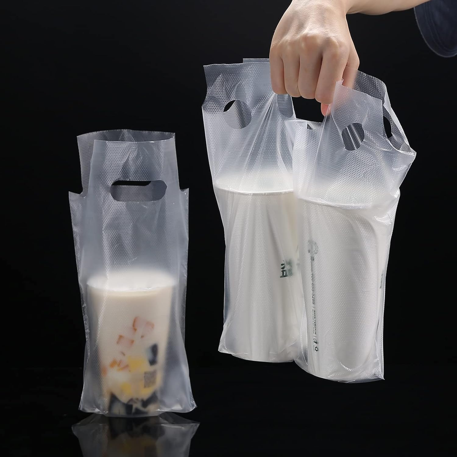 EGV 100PCS Clear Handle Drink Drinking Poly Plastic Packaging Bags,Drink Carrier, for Delivery Take Out Cup Holder Bar Restaurant Coffee Shop Supplies Cup Carriers (16x28cm) - Image 3