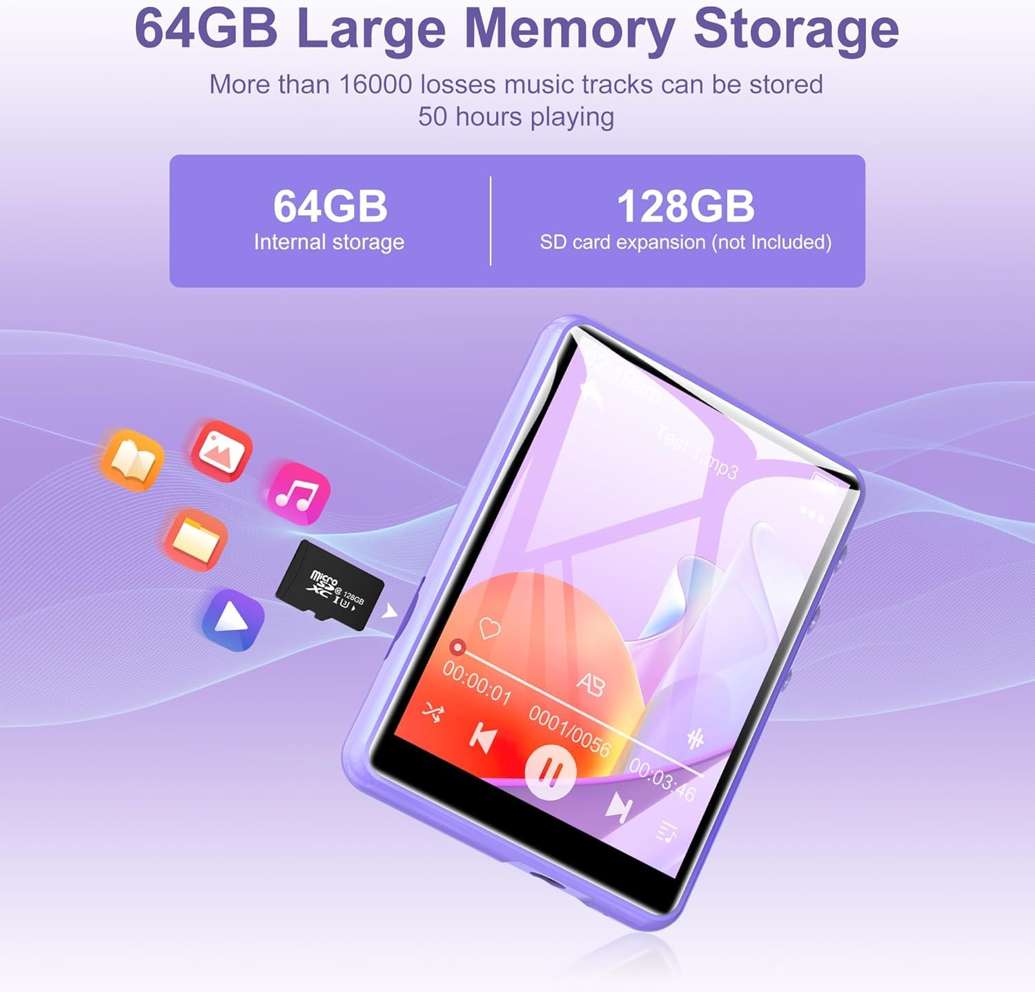 SWOFY Lettore MP3 Bluetooth 5.3, 64 GB HiFi MP3 con altoparlante, registratore radio FM, touchscreen da 2,4 pollici, mini lettore musicale per bambini, supporta fino a 128 GB TF card (viola)