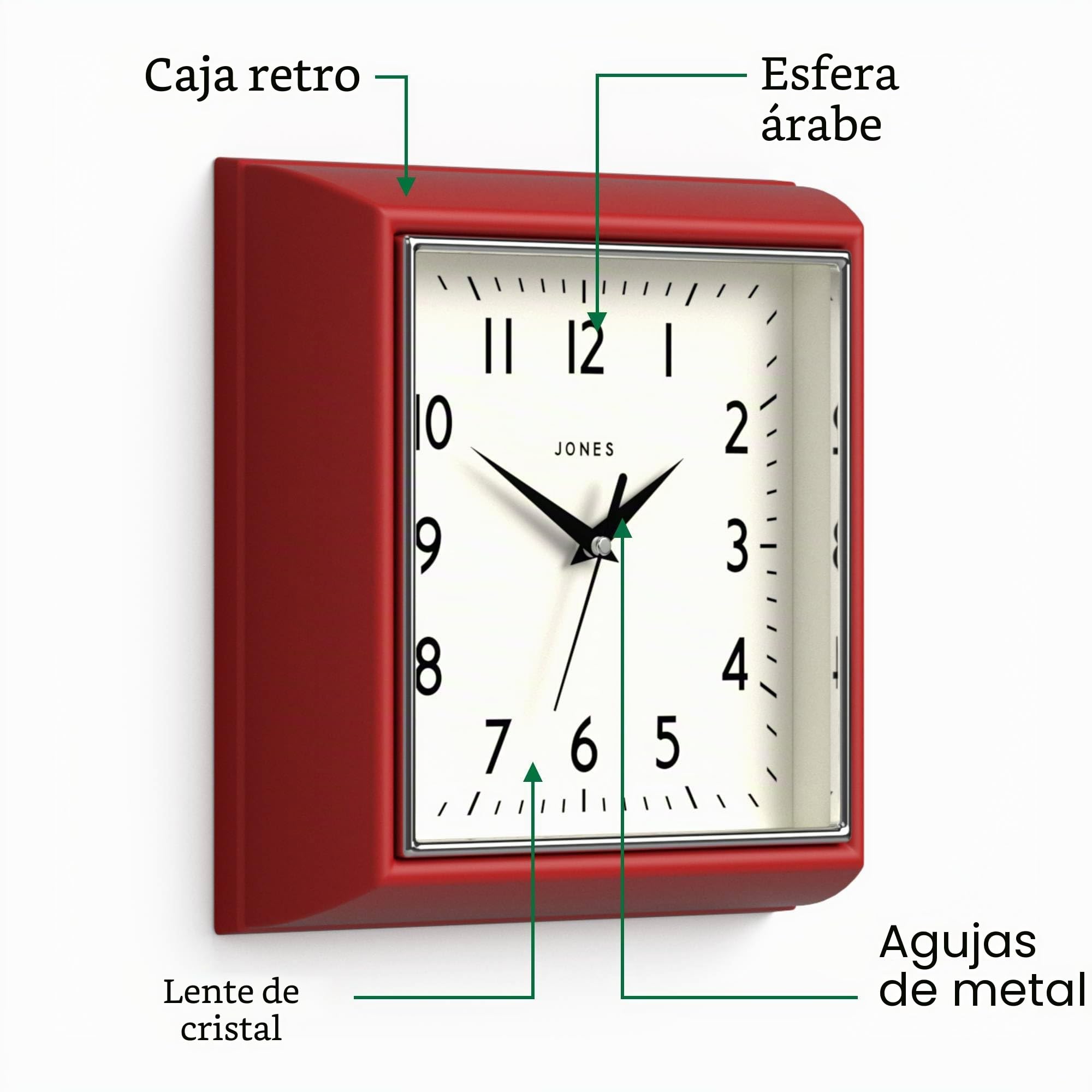 JONES CLOCKS® Mustard Reloj de Pared | Reloj Retro Cuadrado | 25cm | Rojo | Estilo Diner Cocina, salón o Oficina