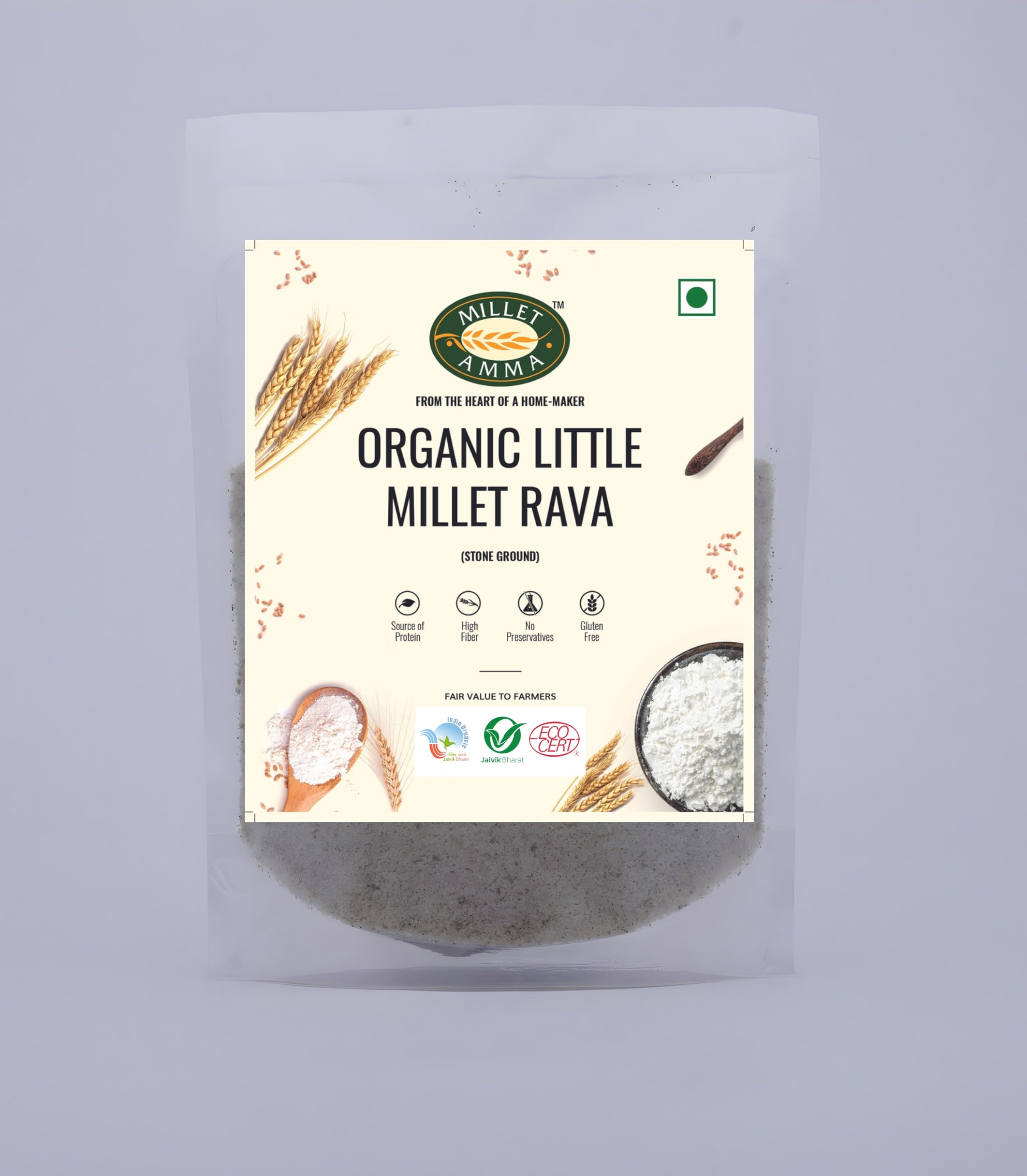 Millet Amma CERTIFIED ORGANIC Little Millet Rava | 1kg (Pack of 1) | Stone Ground | Made with Unpolished Grains ( Kutki | Samai | Same | Samalu ) | Suitable for Multiple Millet Recipes | 100% Vegan & Gluten Free | Rice in Proteins