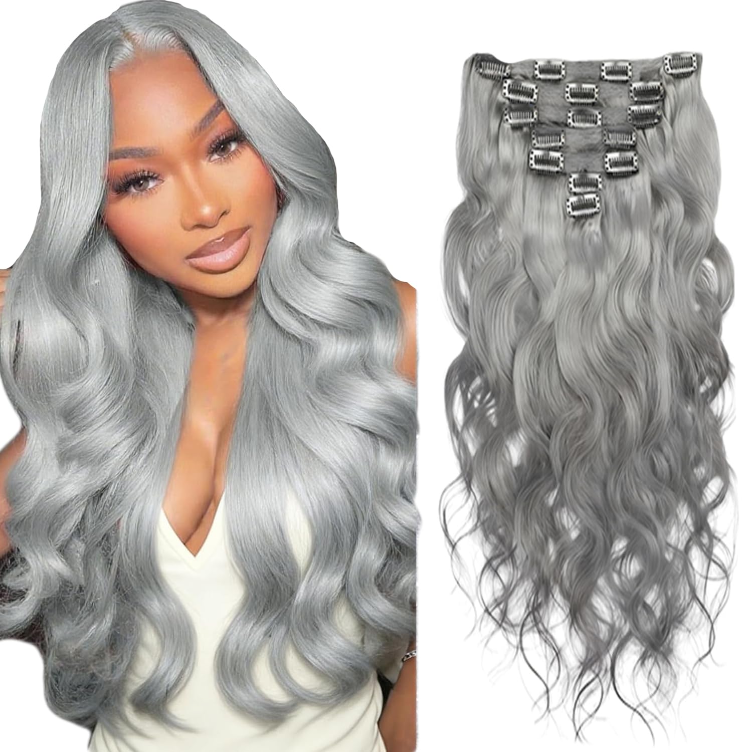 Photo 1 of Grey Clip in Hair Extensions,18 Inch Soft Real Human Hair 120g 7pcs,Brazilian Remy Sliver Long Wave Clip ins,Light Gray Clip ins Silky Hair Extensions