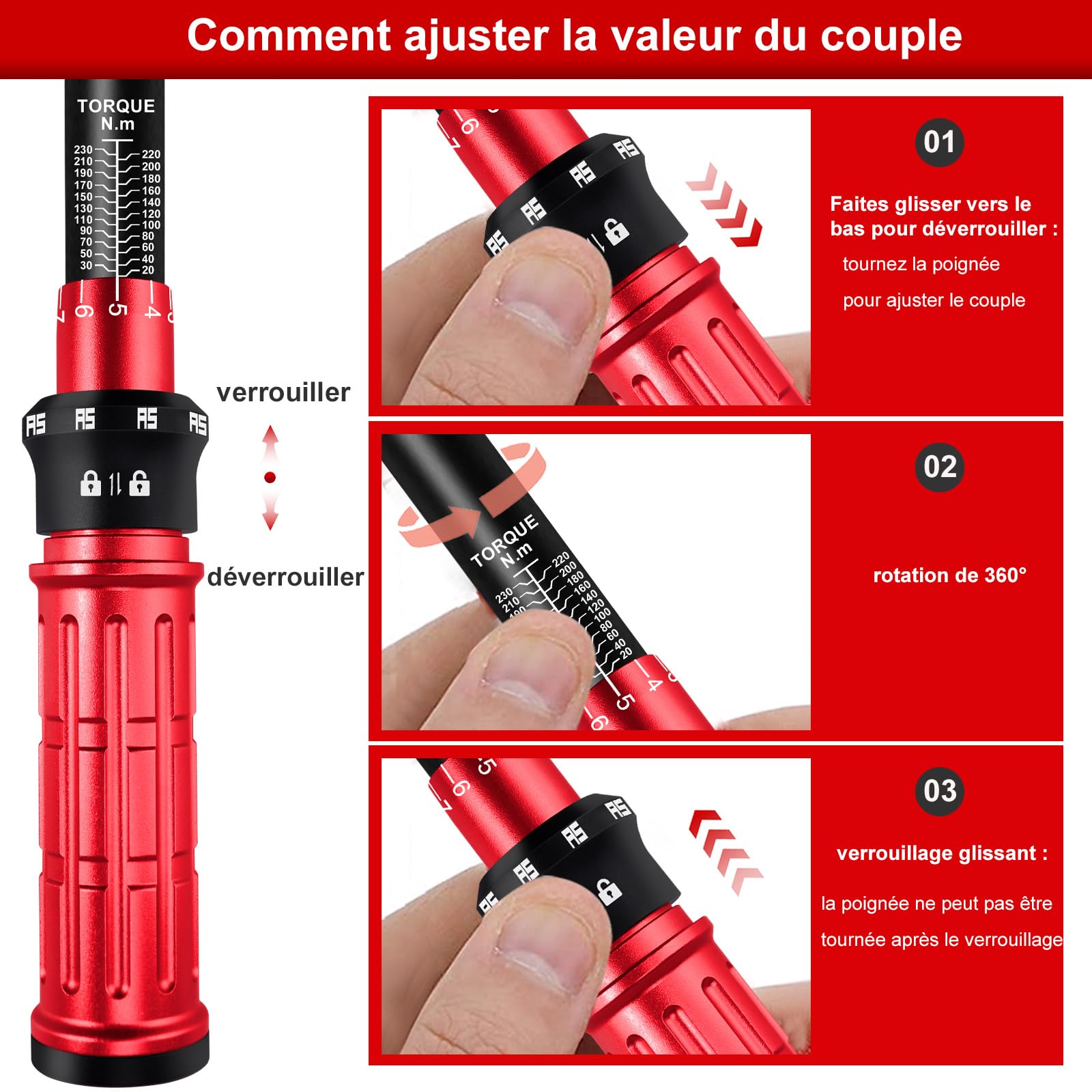 ATsafepro Clé Dynamométrique 1/2" 20-230 Nm,avec Adaptateur 1/2" à 3/8" et Barre d'Extension 125 mm,Précision ±3% 72 Dents pour Voiture, Moto, Camion