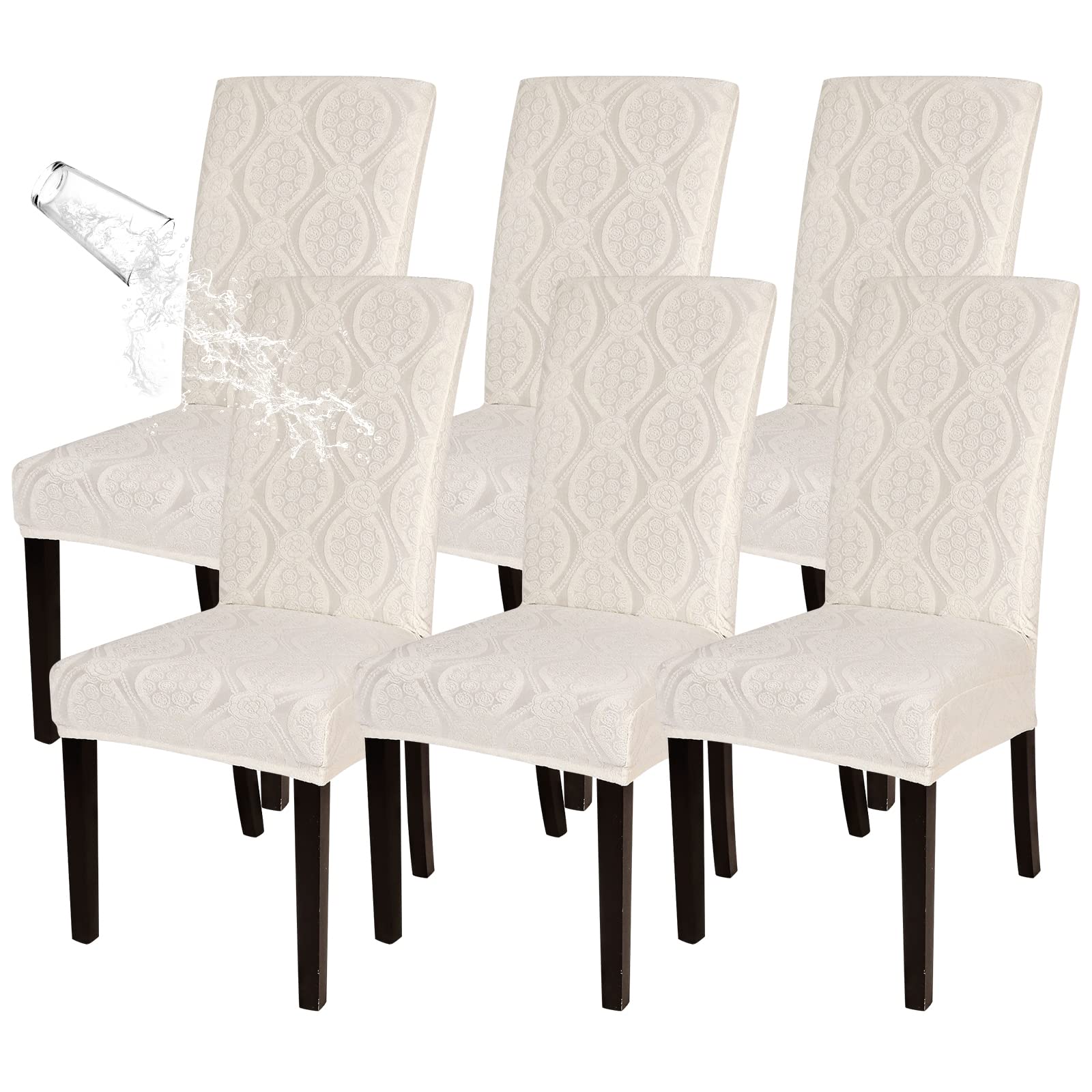 SearchI Waterproof Dining Room Chair Covers Set of 6, Stretch Jacquard Parsons Chair Slipcovers Removable Washable Kitchen Chair Protector for Dining Room, Hotel, Banquet(Beige Flower Pattern)