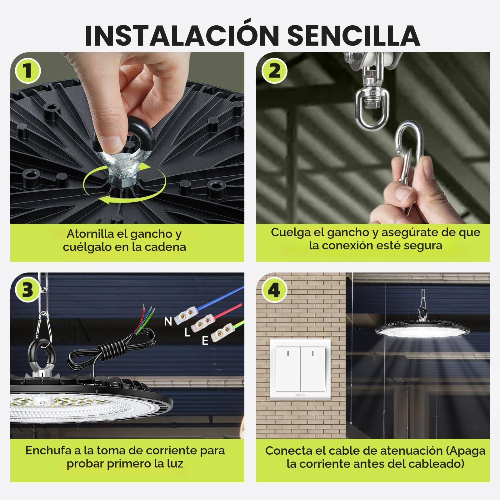 4 Pack 100W UFO LED Lámpara de Alta Bahía, 15000LM Focos Led Interior Techo, 6000K Blanco Frío Iluminación de Almacén, IP65 Impermeable Lampara Industrial Para Patio, Garaje, Fábrica, Taller
