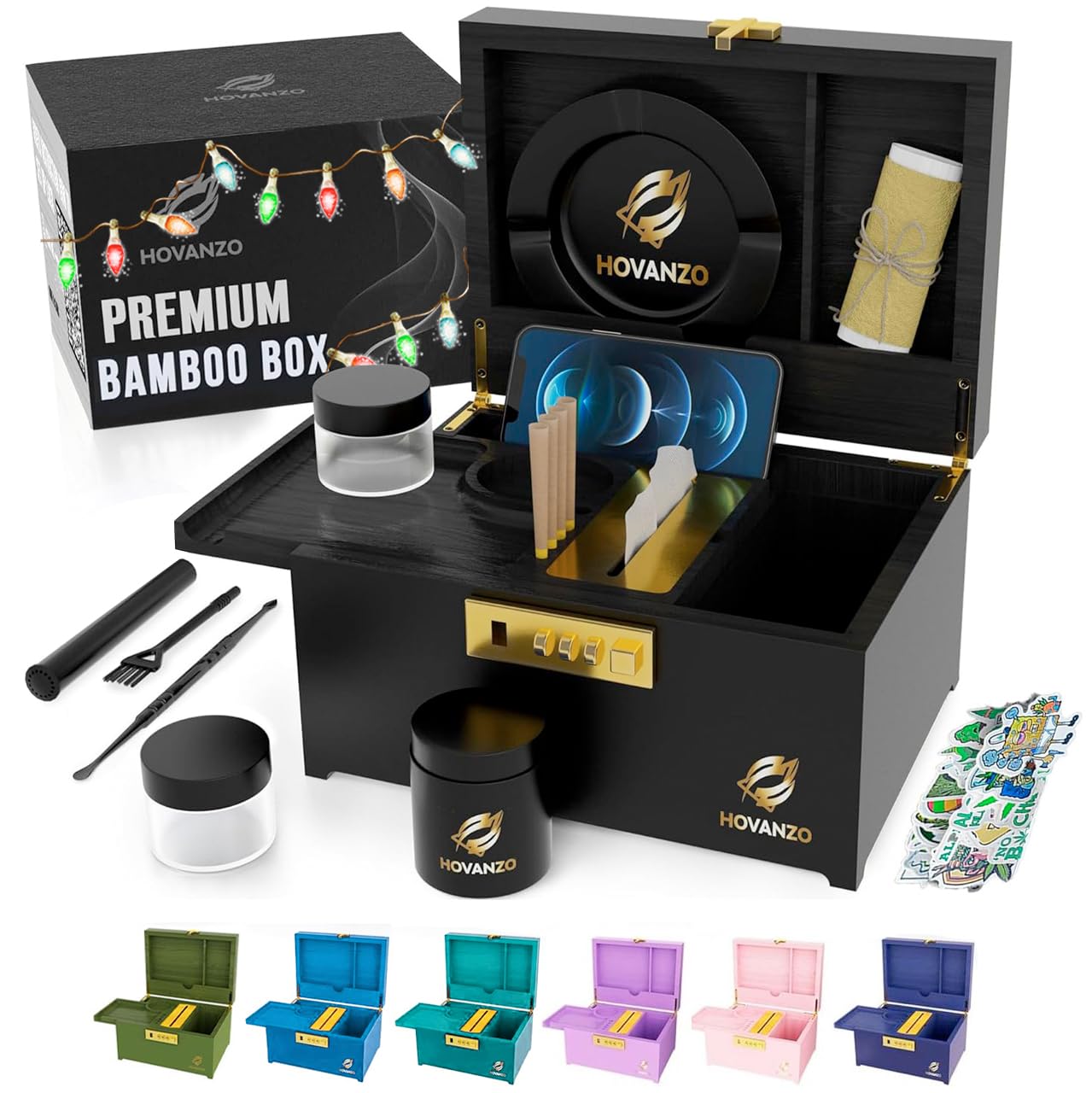 HOVANZO - Caja decorativa de bambú grande con cerradura de combinación, caja de almacenamiento con bandeja rodante, accesorios
