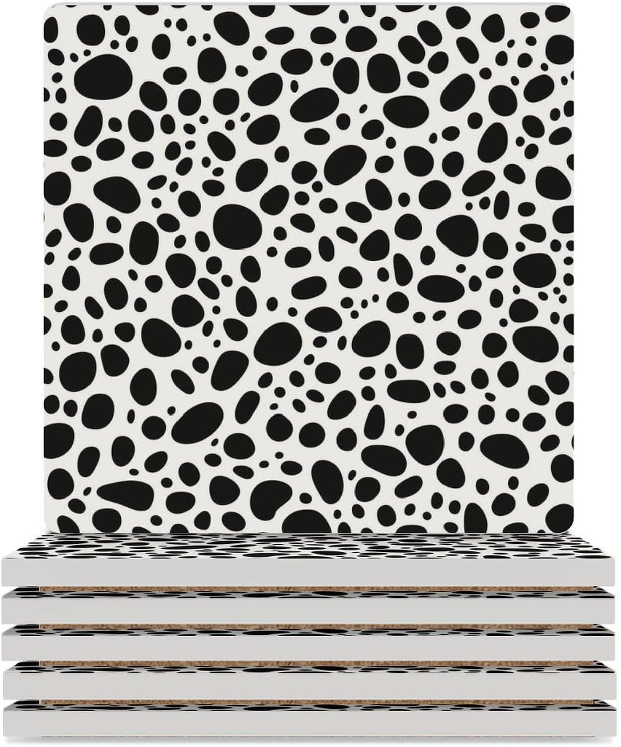Cow Dalmatian Dog Printed Ceramic Coasters Set Square Drink Coasters Table Coaster for Kitchen Desktop Decor