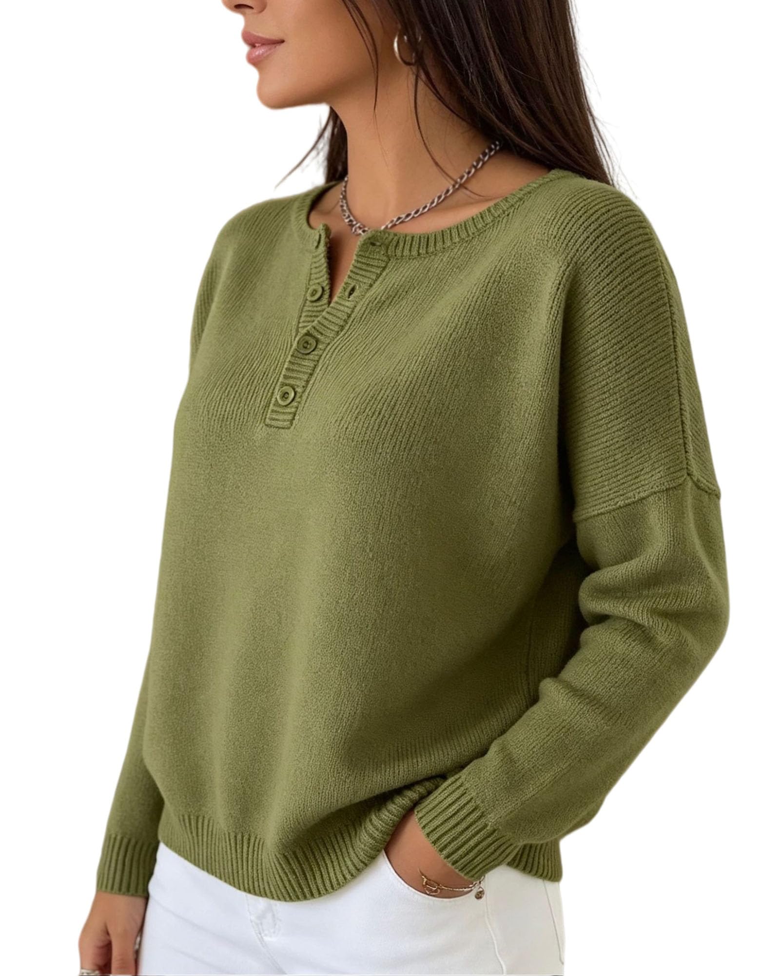 Damski sweter Henley z długim rękawem okrągły dekolt luźny krój dzianinowy | Henley zapinana na guziki długi rękaw luźny sweter z dzianiny na co dzień jesienne stroje do pracy i weekendu