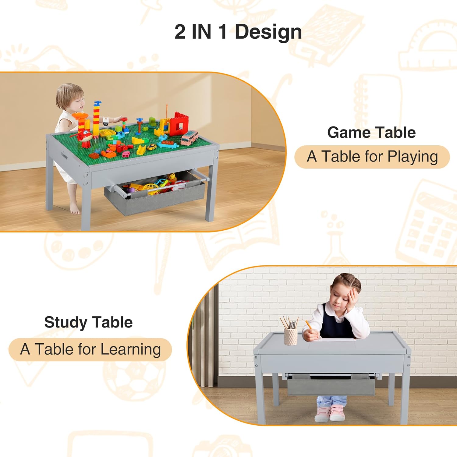 RedSwing 2 in 1 Kids Activity Table with Storage Drawers, Wooden Construction Play Table with Detachable Blocks and Blackboard Tabletop,Compatible with Lego and Duplo Bricks,Grey