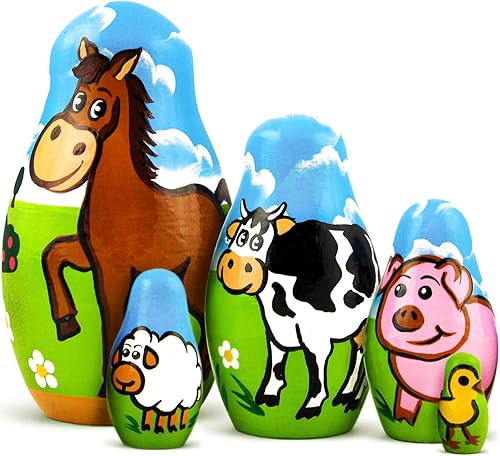AEVVV Juego de animales de granja 5 piezas de muñecas de anidación de madera - Set de figuras de mascotas Matryoshka de madera