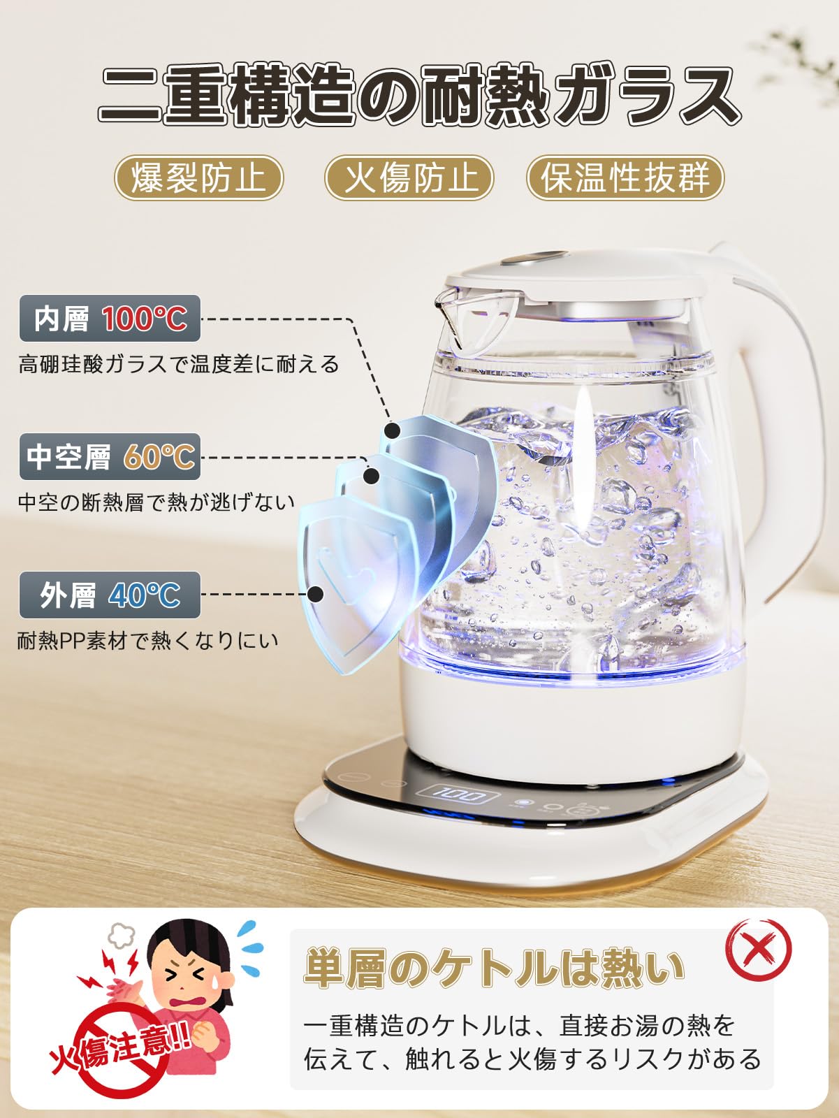 ハゴオギ (HAGOOGI) 電気ケトル 温度調節 ガラス 1.0L 最新昇級版