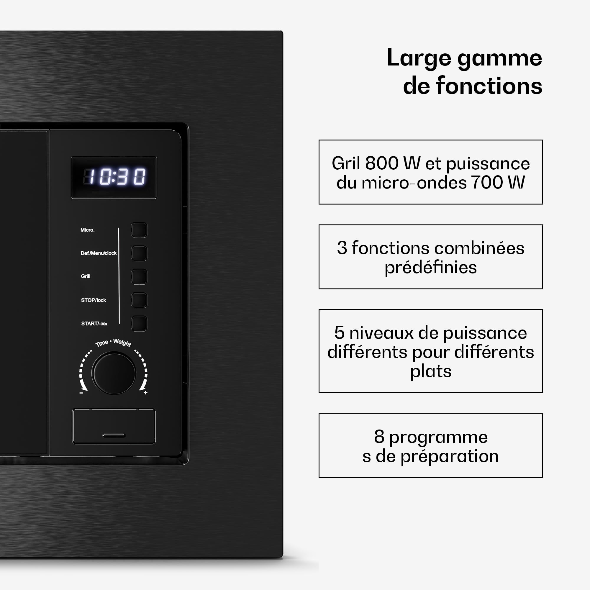 Klarstein Verosteel Micro Onde Encastrable avec Grill – 20L, 700W, 8 Programmes, Commande Tactile, Acier Inox, Plateau Verre, Four Micro Ondes Encastrable, Acier Inoxydable Noir