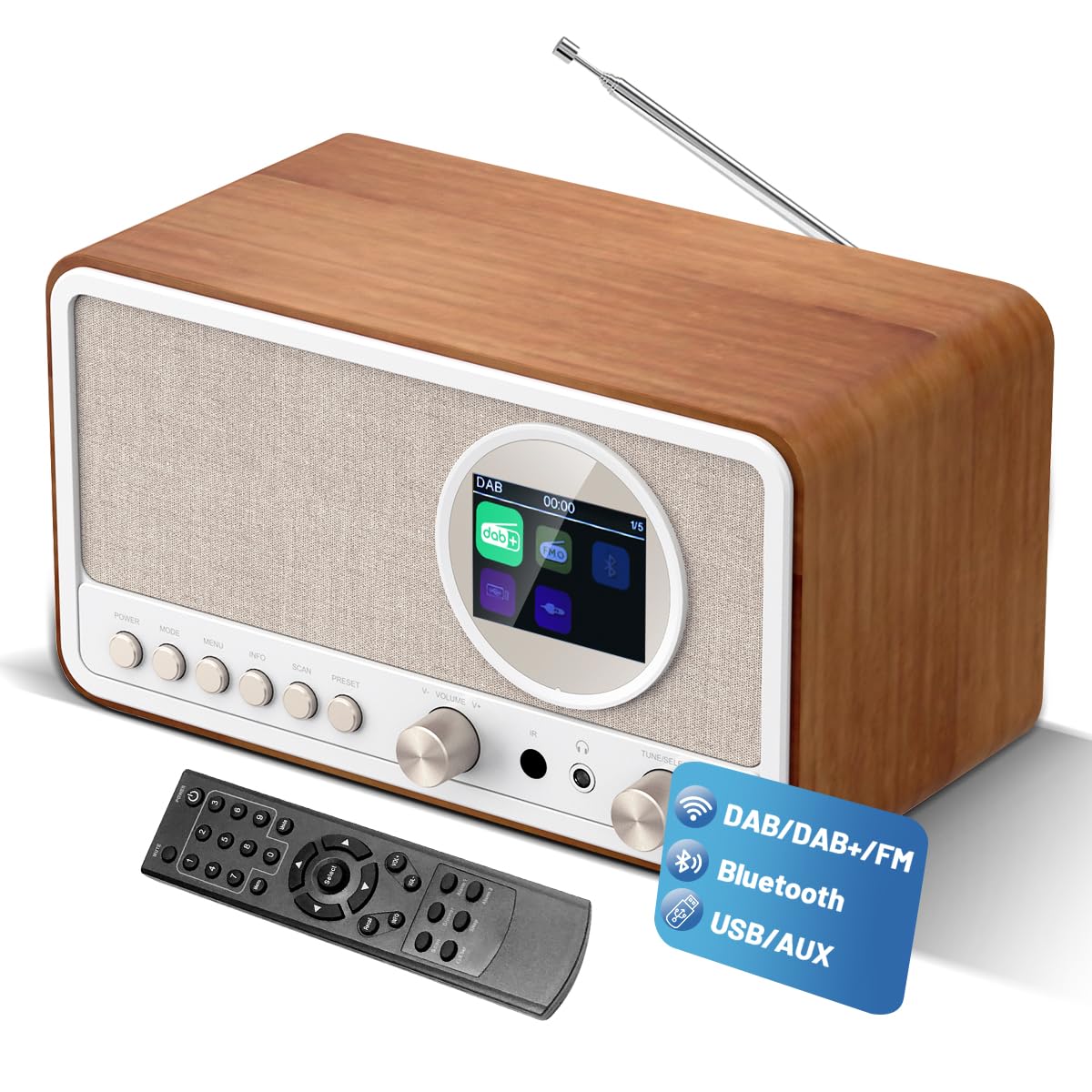 Radio DAB Plus avec Bluetooth, radio DAB+ / FM avec télécommande et fonctionnement sur secteur, radio-réveil avec double alarme, port USB/AUX, minuterie de mise en veille, 30 stations préréglées