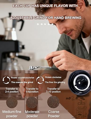 Miniatura 2 de Molinillo de café manual con acabado de grano de madera, compacto 5 rebabas cónicas preestablecidas, capacidad de 1.06 oz para todos los métodos de