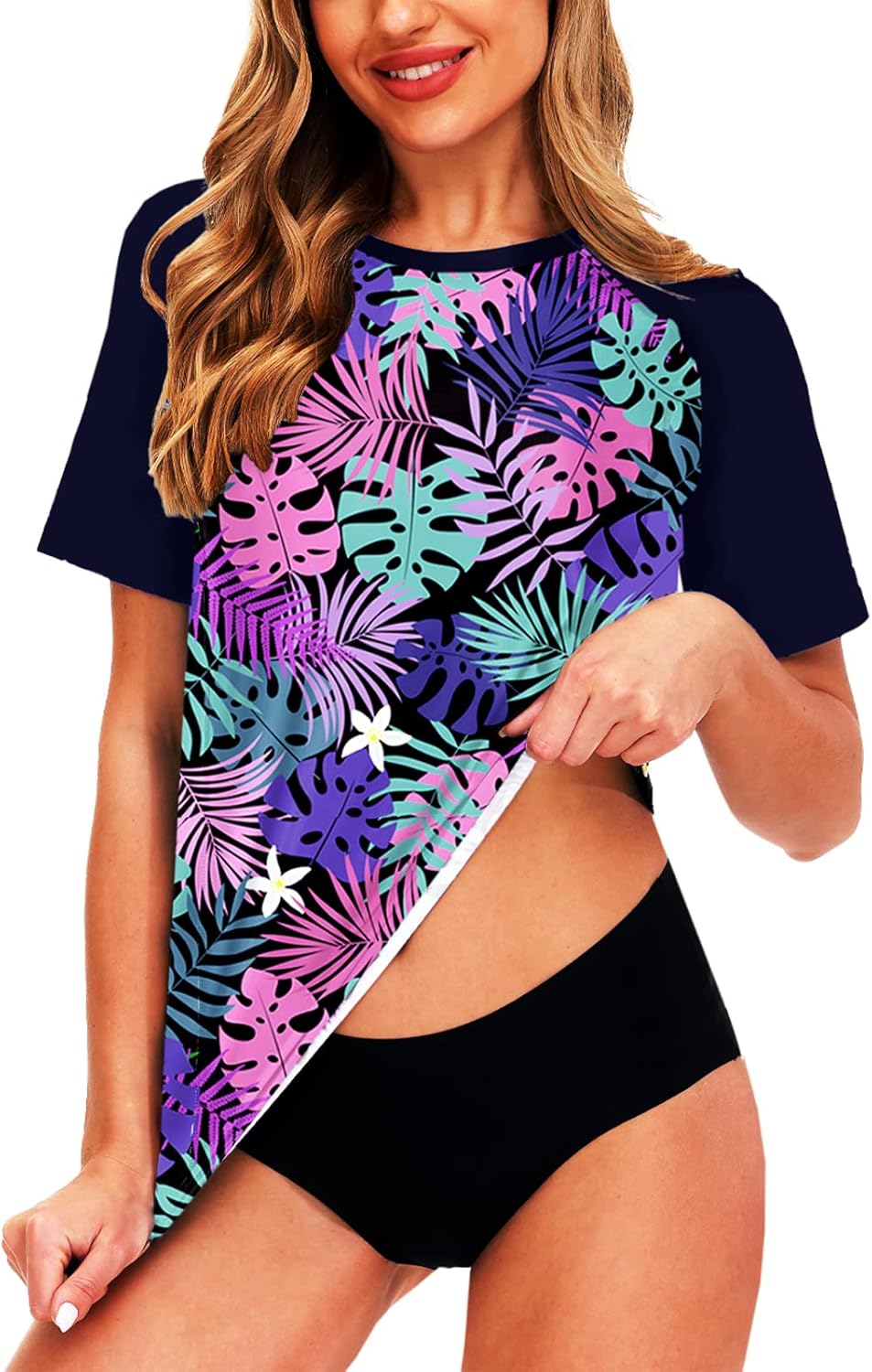 AOBUTE Women Short Sleeve Rash Guard UPF 50+ Tropical Sun Protection Floral Swim Shirts - Image 6
