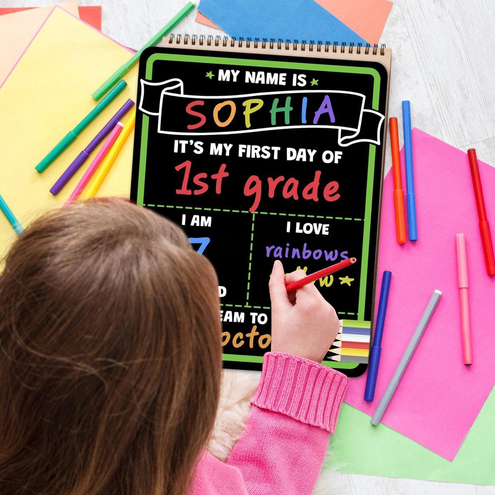 Cartello Lavagna Riusabile Per Primo E Ultimo Giorno Di Scuola - Doppio Lato 36x28 Cm - Legno Per Foto Ricordo