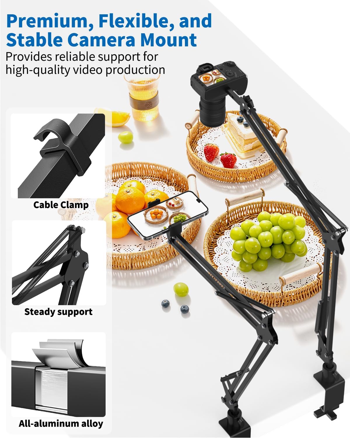 Overhead Camera Phone Mount, Desk Phone Stand for Recording, Phone Holder for Bed with Phone/Tablet/Mic Clamps, 1/4" Thread Magic Arm for DSLR, Webcam, iPad, TikTok, YouTube, Streaming, Cooking, Video