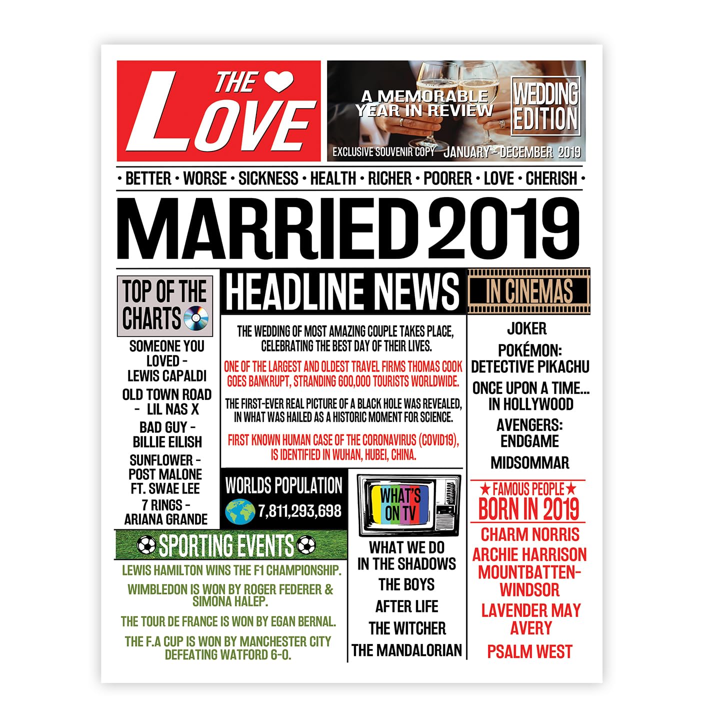 Stuff4 7th Anniversary Poster Unframed - Married In 2019 Newspaper - Happy 7th Wedding Anniversary for Men Women Vintage Retro Back In 2019, 8x10 Inch Anniversaries Posters