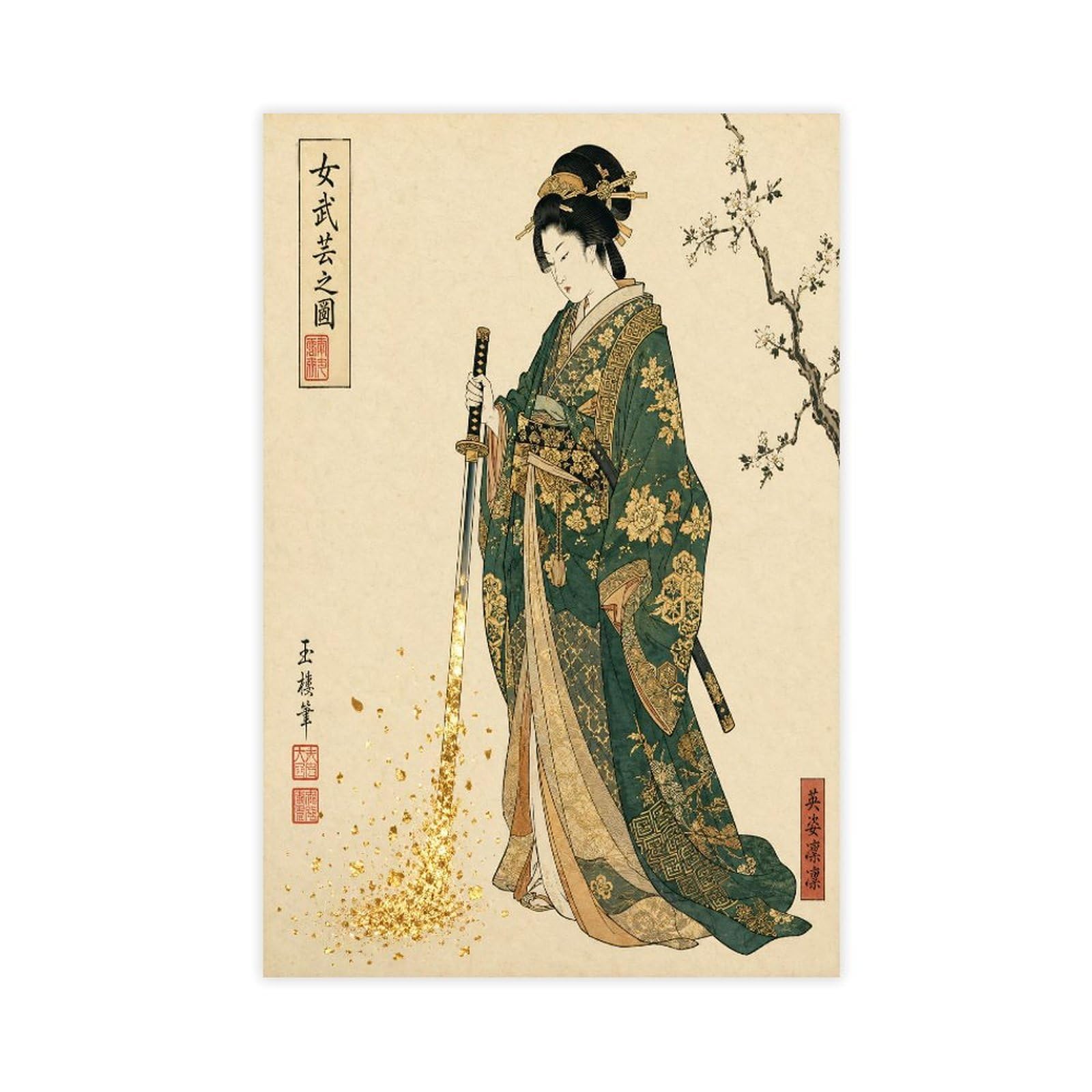 W7c8u2x3 Unframe-Style-12 Japanese Woman With Sword Canvas Wall Art, Green Kimono Bedside