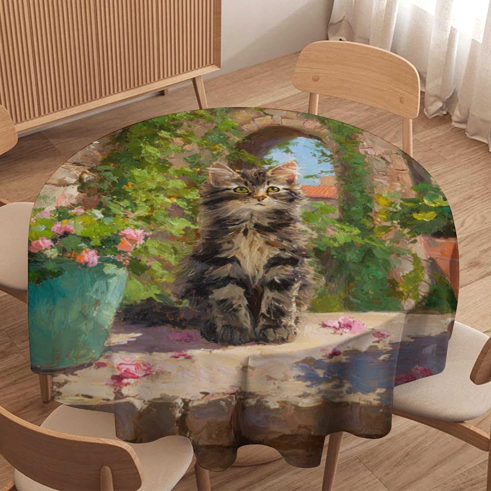 LUYYSKY Retro Rustic Cute Kittens Waterproof Round Tablecloth Modern Fantasy Spring Garden European Castle Arch Flowers Animal Cat Washable Table Cover for Kitchen-177.8" Wx177.8 L cm