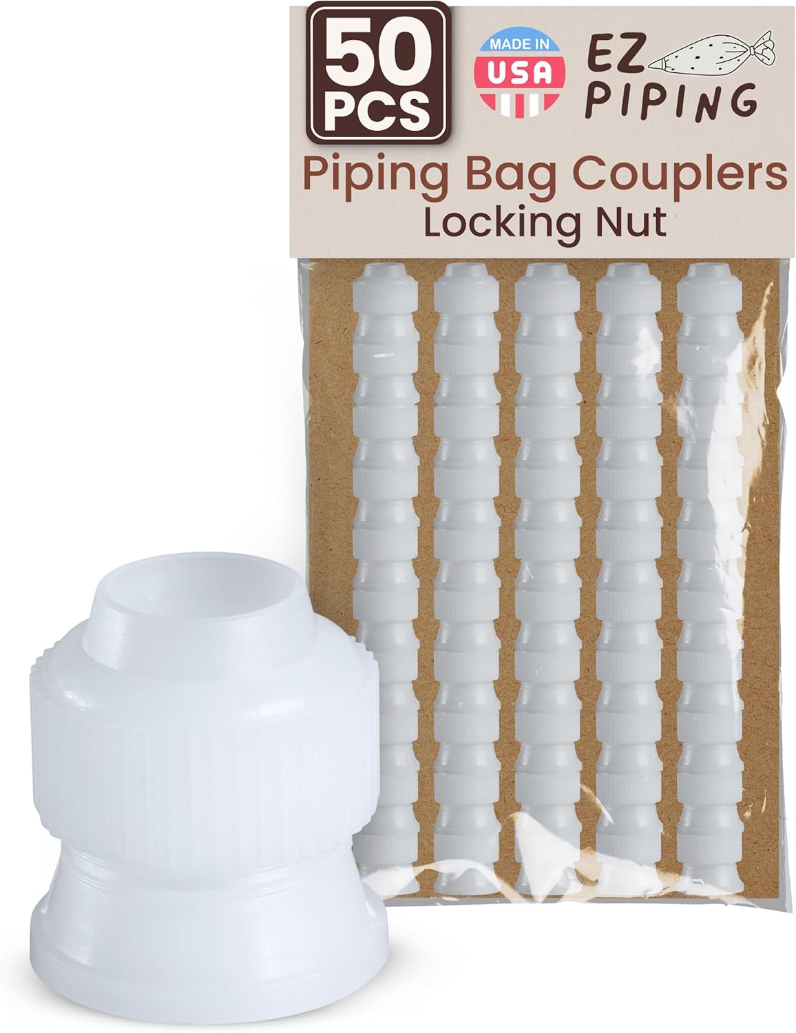Cake Decorating Piping Bag Couplers - Locking Nut Cake Decorating Supplies Icing Bag Connector Pastry Kit Cupcake Decorating Kit Baking Supplies, Fits Most Standard Tips, Made In USA (50 Pcs)