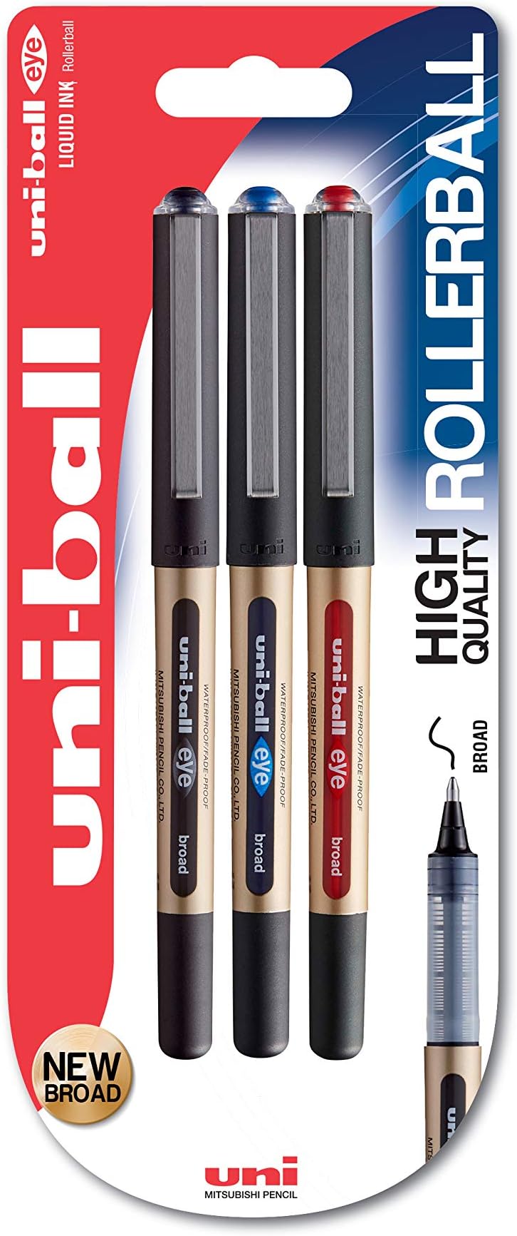 uni-ball Eye Broad UB-150-10 1.0mm Tip Rollerball Pen - Black/Blue/Red (Pack of 3)