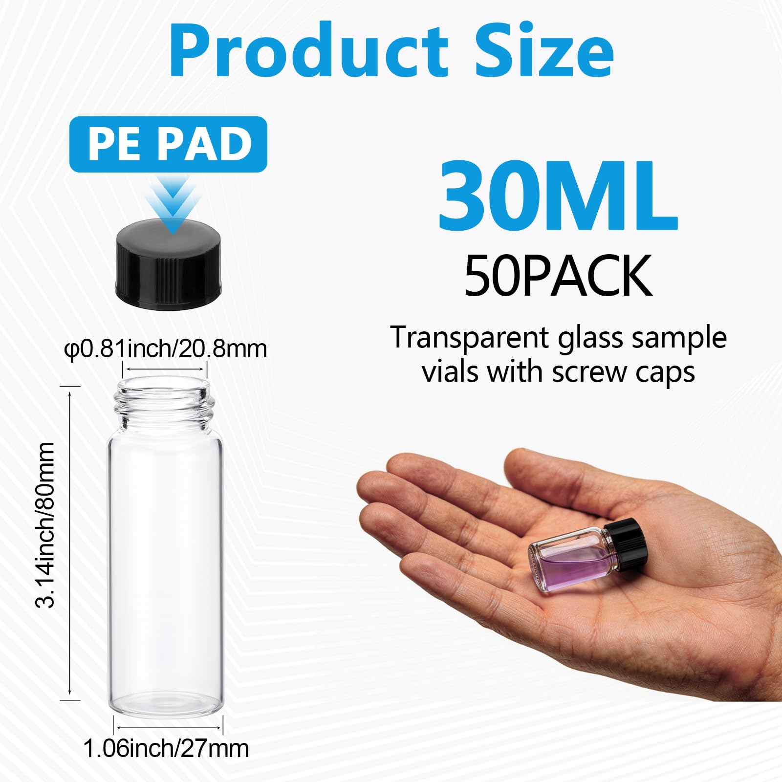 Szklane butelki 30 ml, z nakrętkami, laboratoryjne, przejrzyste butelki, próbki olejków eterycznych, perfum, leków, odczynników, olejku do namaszczenia, 50 sztuk
