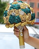 Vista 7 de Sharebeauty Ramo de novia de satén hecho a mano de 7.9 pulgadas, ramo de boda, ramo de flores artificiales