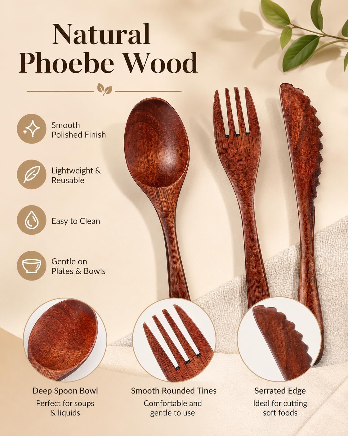 Wooden Utensils Set, 6 Pcs Reusable Wood Spoon Fork Cutlery Set for Eating, Travel, Camping, Kitchen, Picnic, Lunch Box, Lightweight Wooden Flatware Tableware