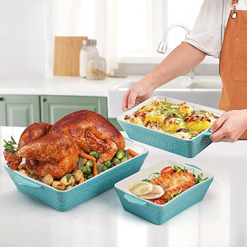 Miniatura 7 de SOUJOY Juego de 3 platos de porcelana para hornear, cazuela para horno, juego de utensilios rectangulares para hornear con asas, bandeja para lasaña