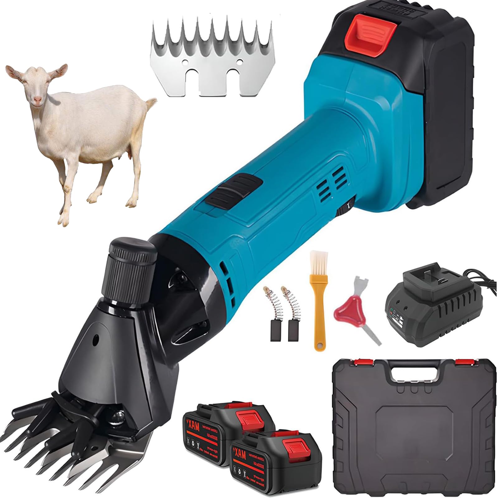 Máquina De Esquilar Ovejas Inalámbrica, Cortadora Eléctrica 300W Con 2 Baterías, Cuchilla 9/13 Dientes, 6 Velocidades Kit Para Lana Gruesa Ganado Cabras Alpacas 13-Teeth