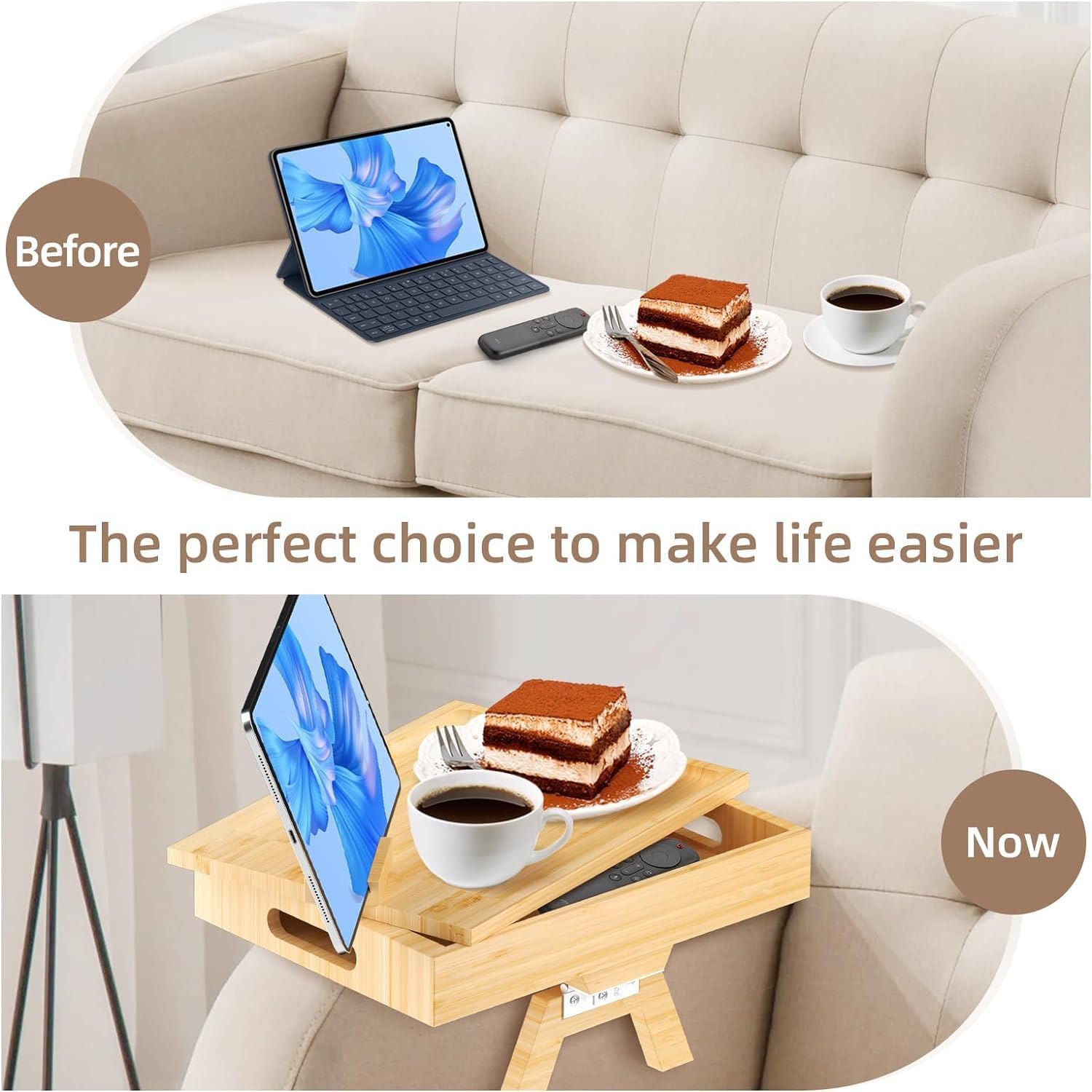 Sofa Arm Tray,Couch Arm Table,Two-Tier Clip On Tray Sofa Table with 360° Rotating Tabletop and Mobile Phone Stand,for Eating and Drinking,Storage,35 * 24 * 16cm - Image 3