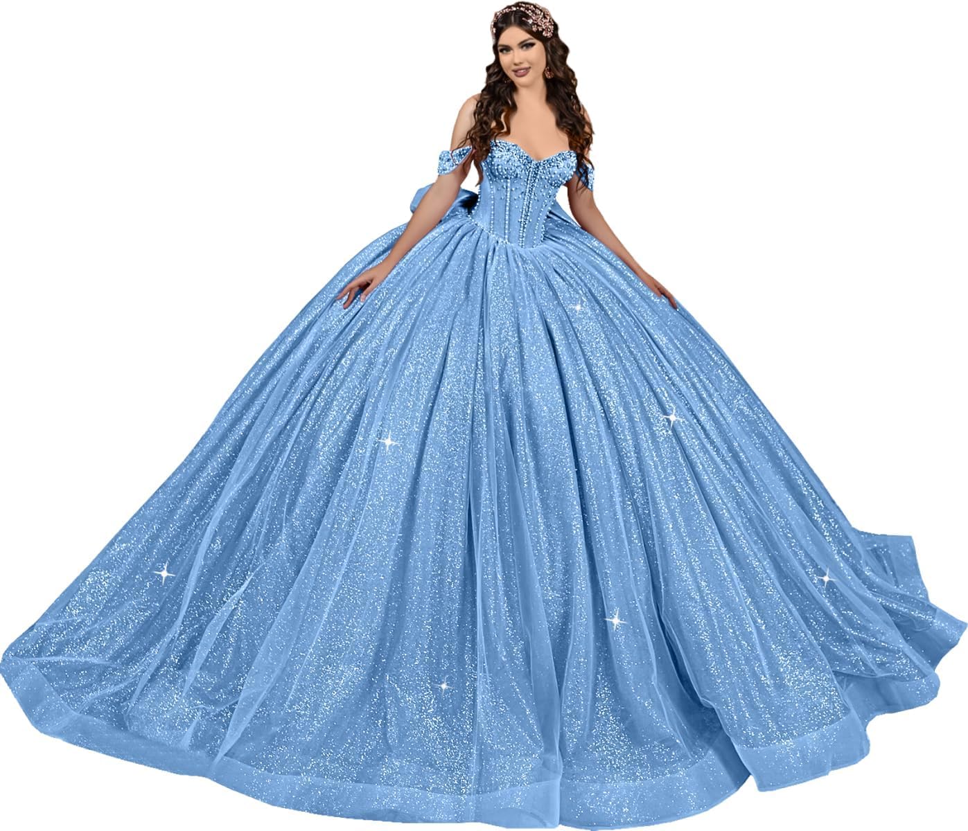 Vestidos de quinceañera con Brillo Lazo abullonados Cuentas Hombros Descubiertos Elegantes Vestidos de 16 años MT056