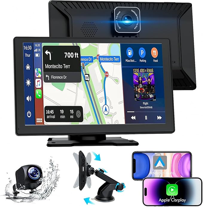 Carplay Auto, 9" Android Auto Wireless, Autoradio Bluetooth con Schermo con 1080P Telecamere Posteriori e Anteriori, Navigazione GPS, Controllo Vocale a Mani Libere, Mirror Link, AUX, FM