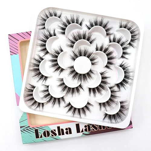 Miniatura 6 de Losha Pestañas postizas, paquete de 10 pares, pestañas postizas de visón sintético, hechas a mano, dramáticas, largas, gruesas, suaves,