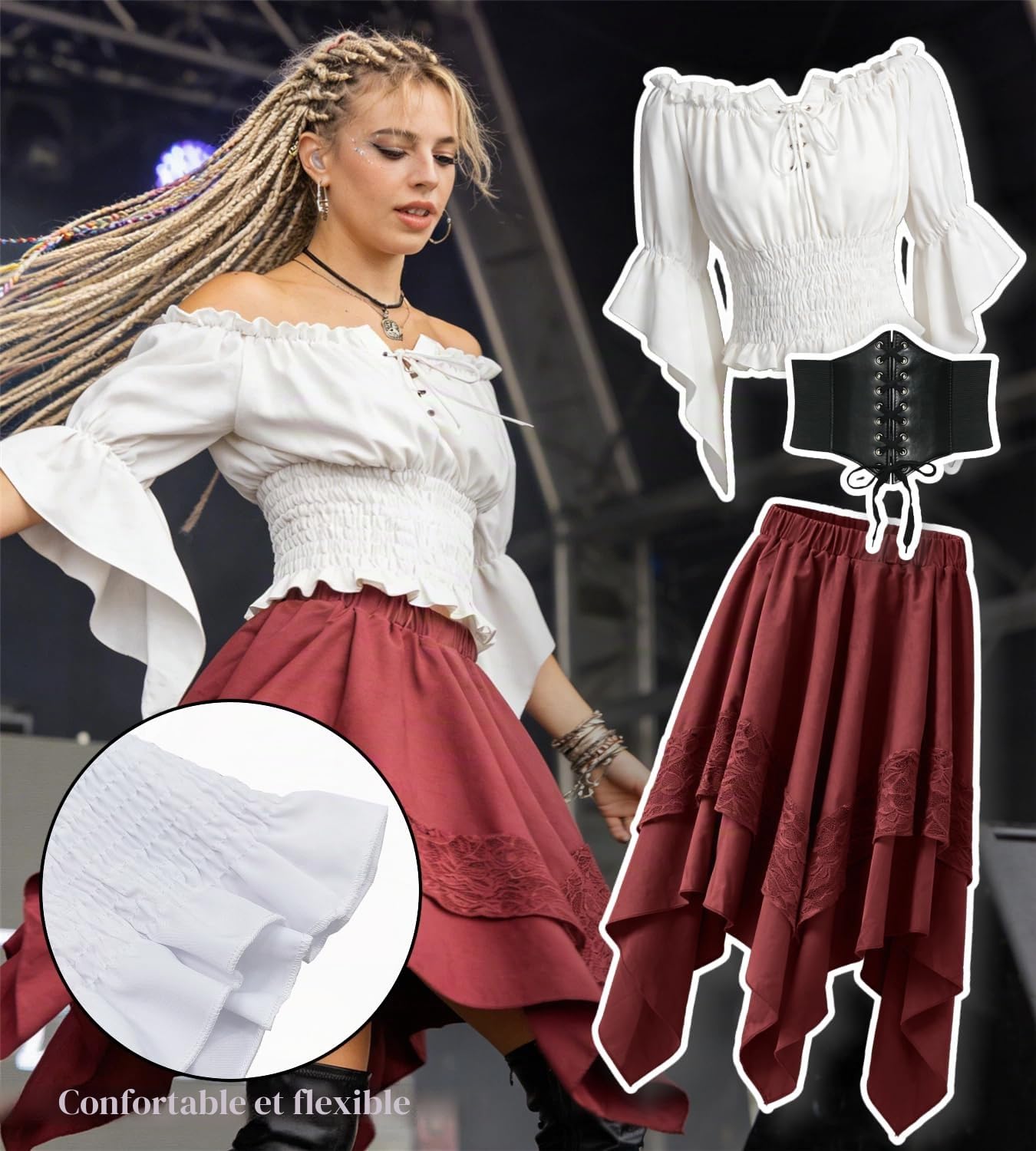 Costume Femme Pirate Médiéval Gothique Ensemble Robe Médiévale avec Chemise Blanche & Ceinture, Tenue Renaissance pour Carnaval, Mardi Gras, Halloween & Fête Médiévale