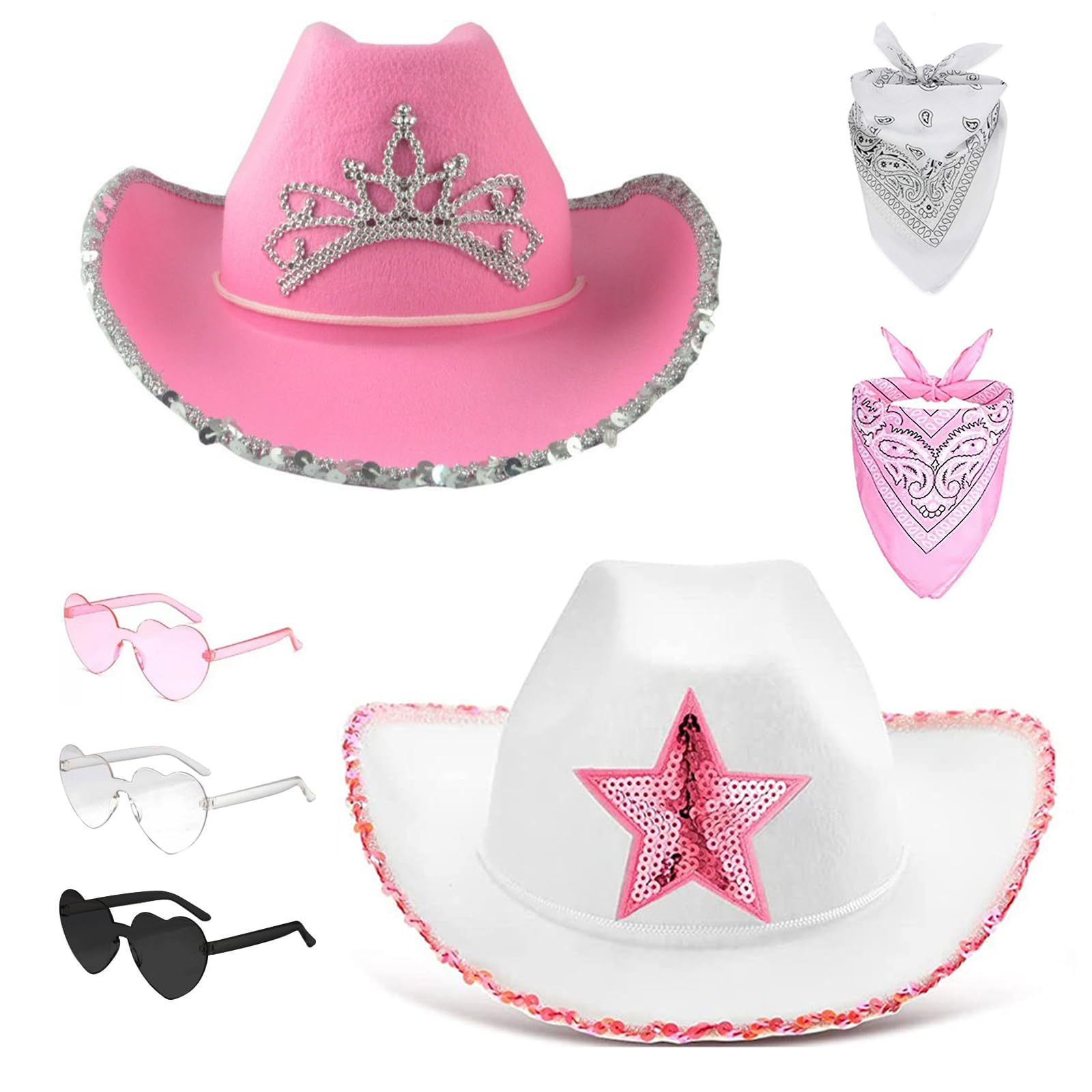 Cowgirl Hat with Heart Sunglasses, Pink Sequin Star, Adjustable String for HARRY STYLES LOVE TOUR TIARA COWBOY HAT & HEART GLASSES SET  main image 2