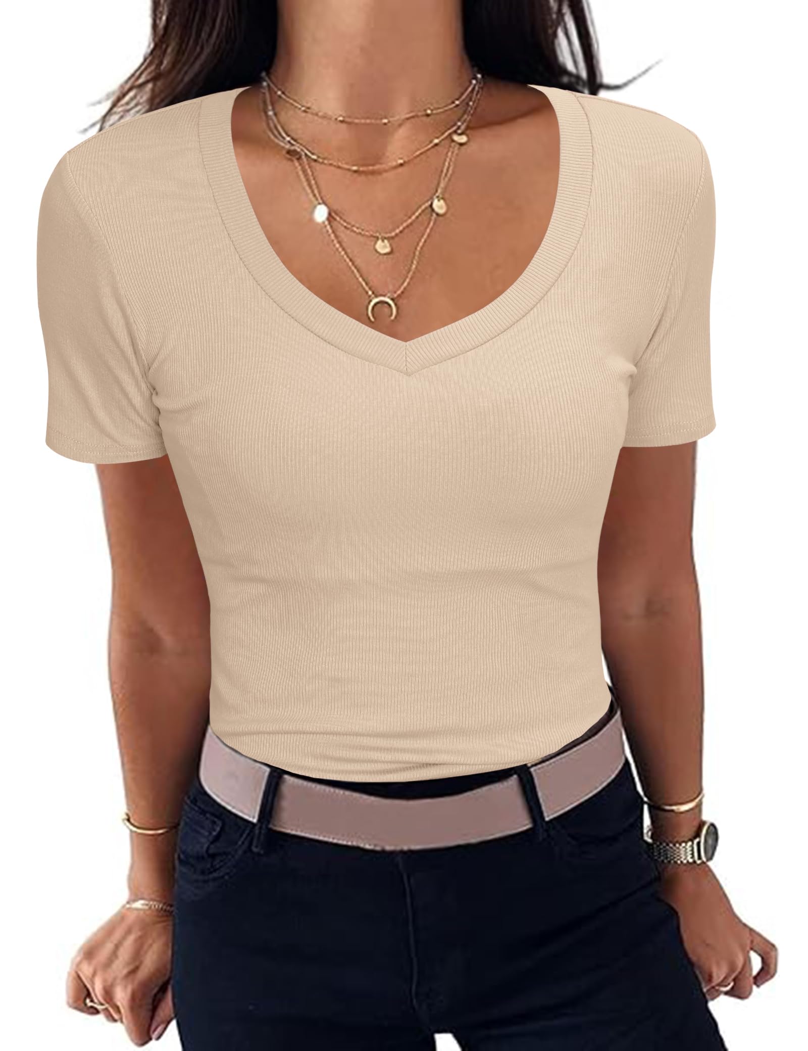 Aottori Damen T-Shirt V-Ausschnitt Elegant Oberteile Kurzarm Gerippt Basic Tee Shirts Slim Fit Tshirt Stretch Casual Sommer Tops