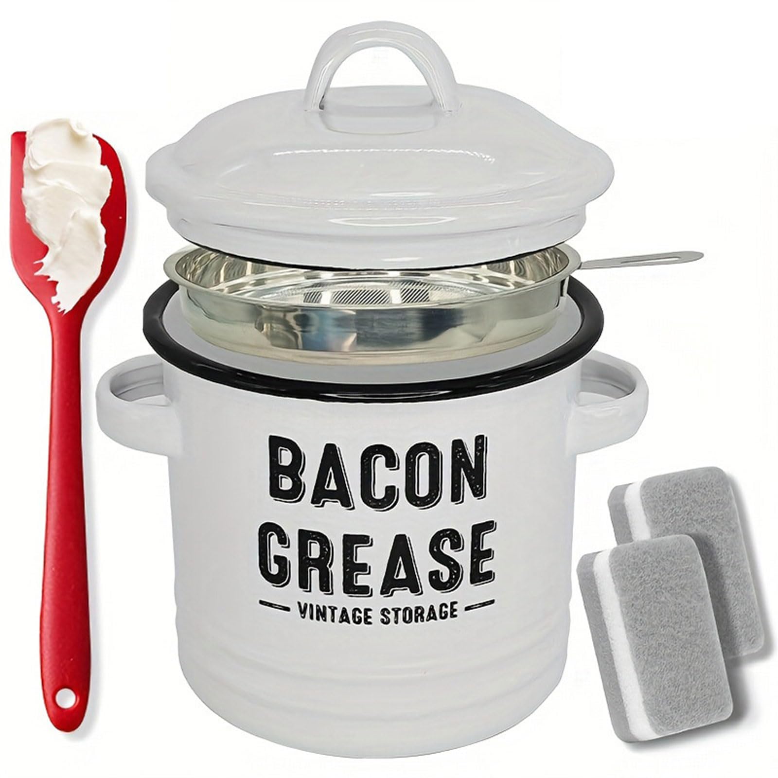 Shurhome Multipurpose Enameled Grease Keeper with Strainer and Silicone Spatula for Preserving Bacons Drippings Fat and Kitchen Use Bacons Fat Keeper