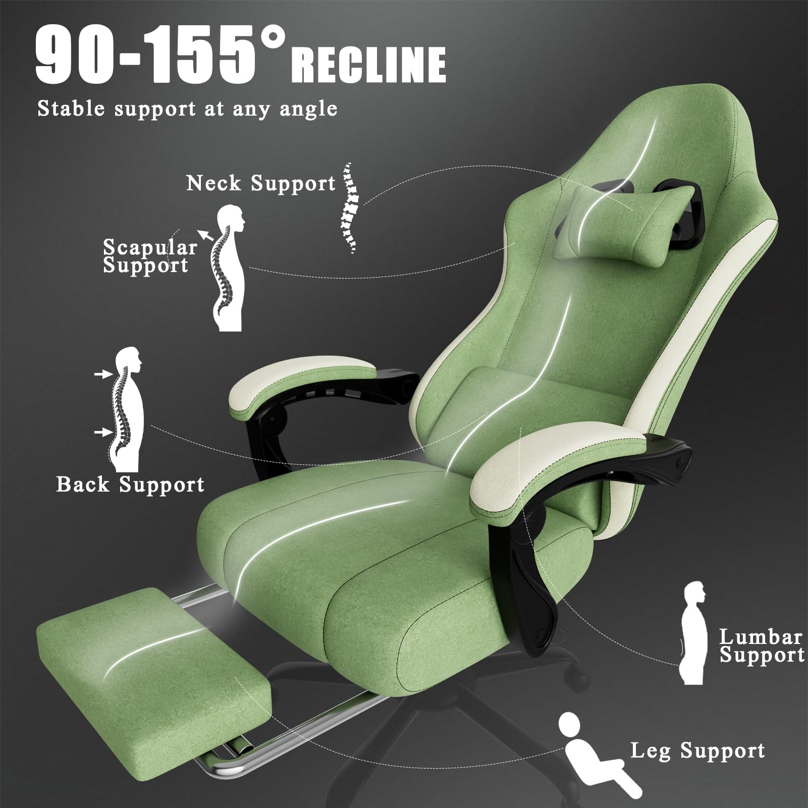 Sedia da Gaming Ergonomica con Molle Insacchettate e Poggiapiedi, Sedia Gamer con Supporto Lombare Regolabile, Sedie da Ufficio Schienale Regolabile 90-135°, Portata 150 Kg (Verde lime)