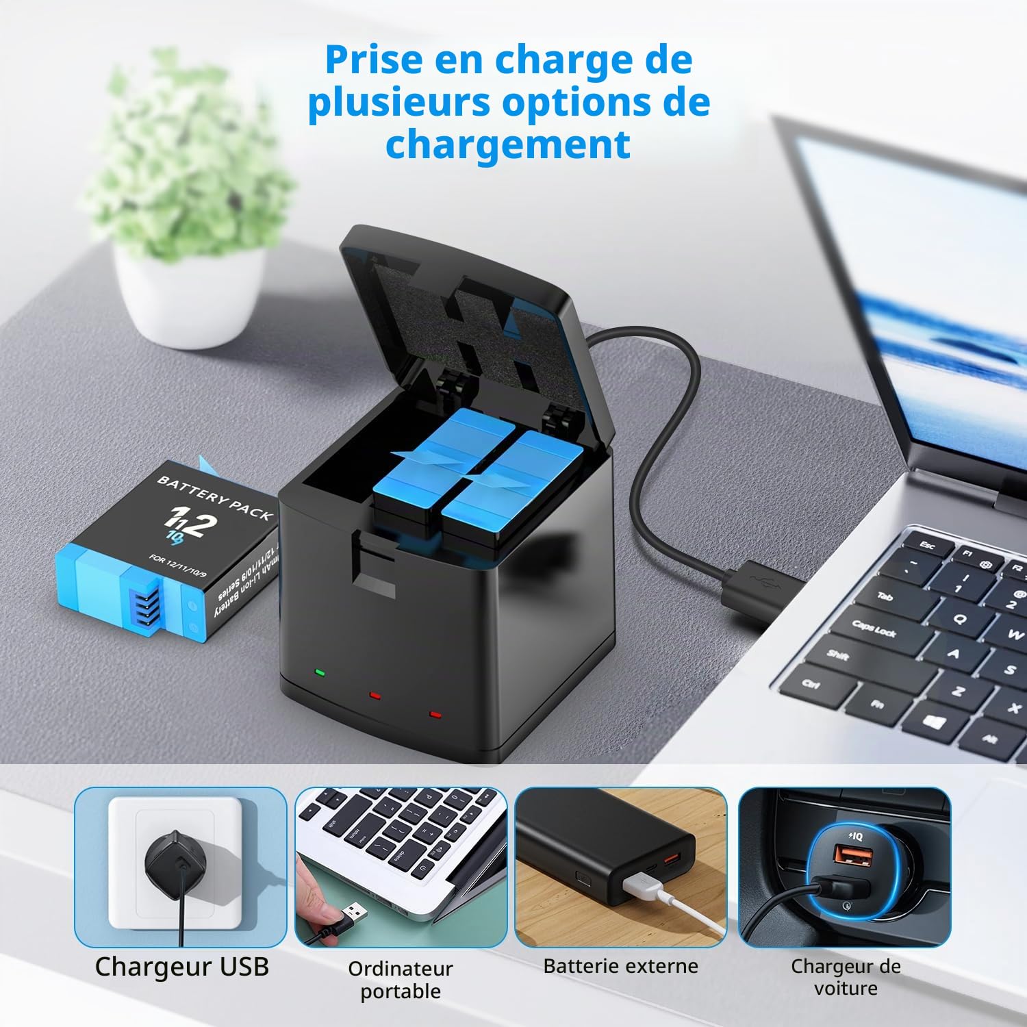 Melasta Chargeur de batterie pour GoPro Hero 12/11/10/9 Série, Batteries lithium-ion (3 batteries + 1 chargeur)