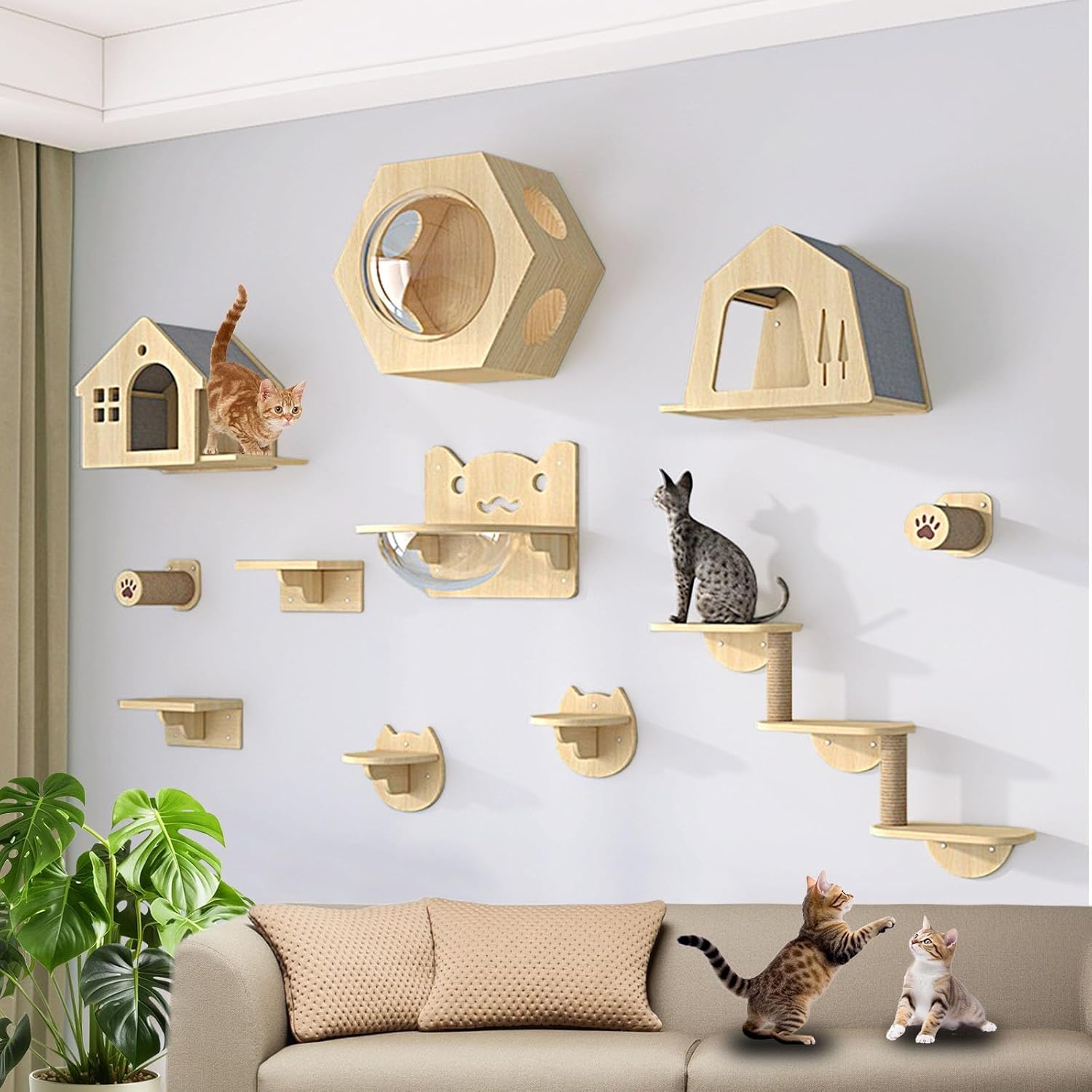 Wall Mounted Cat Climbing Shelf, Cat Stairs Ladder Furniture, Wall Furniture with Platforms, Steps, Scratching Post, Perch(11pcs)
