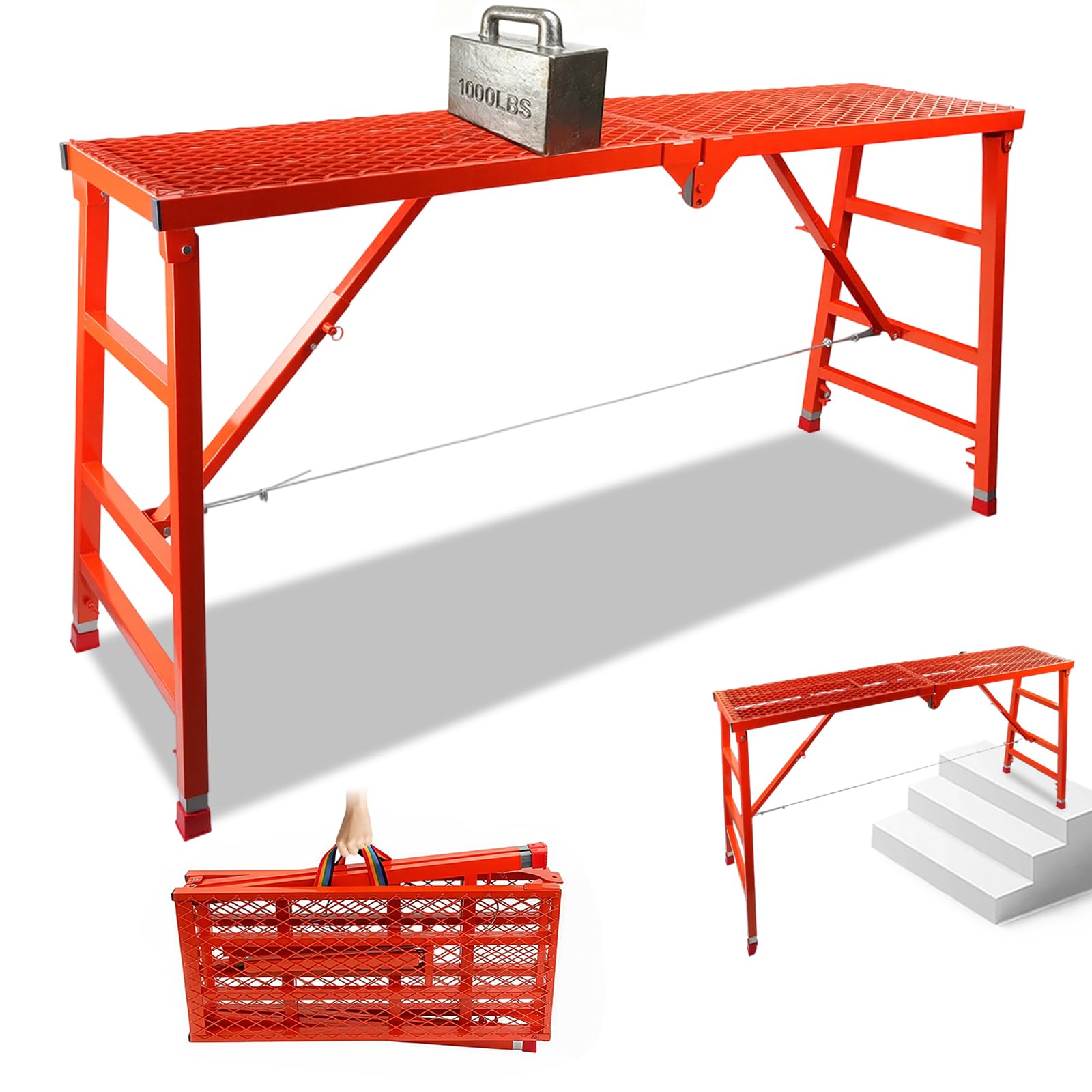 Wudlep Red Adjustable Work Platform, 180X40cm Steel Portable Folding Scaffolding Platform, Multipurpose Scaffold Tower Stool, Ideal For Workshop, Wiring And Home Decor