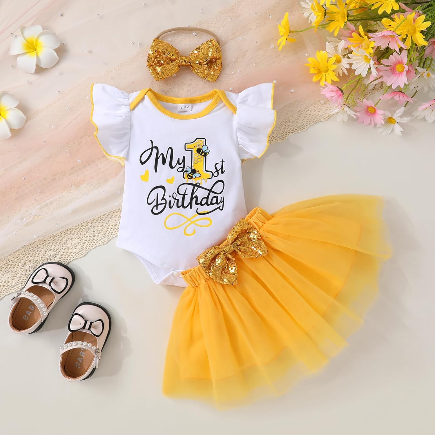 HAPPYMA Baby Girls One 1st Birthday Outfit Bee Sunflower Romper Tulle Tutu Skirt Sequin Bow Party Clothes Set - Image 2