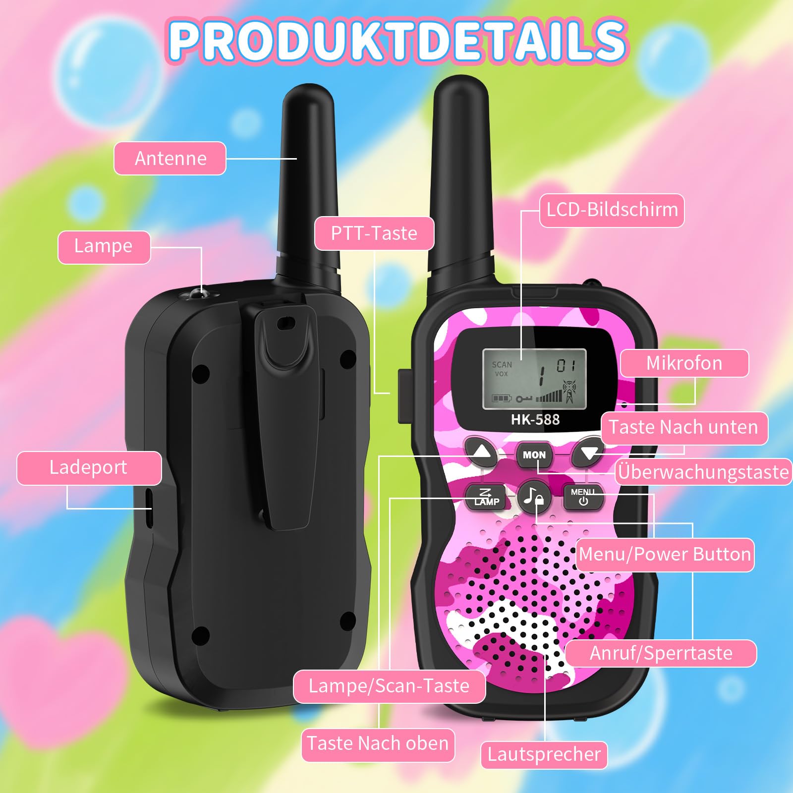 2er Set Walkie Talkie Kinder Aufladbar, 8 Kanäle, 48h Betrieb, Taschenlampe, 3 Kilometer Walkie Talkie Set，Geschenk für Jungen & Mädchen ab 3 Jahren – ideal für Camping, Spielplatz & Spielen