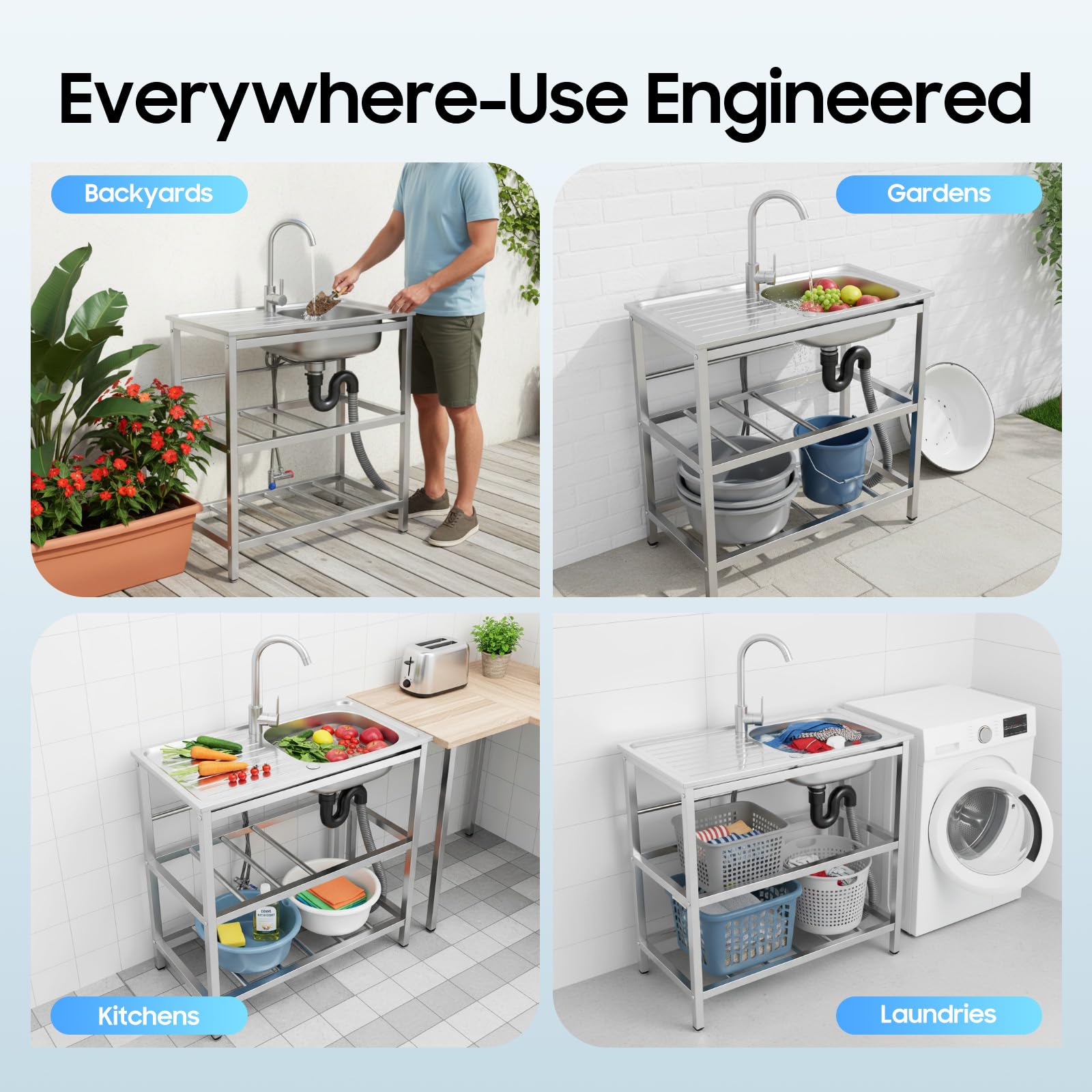 Fregadero de cocina independiente para exteriores, fregadero de acero inoxidable, grifo de lavabo, encimera multifuncional, fregadero, fregadero de agua para cocinas, cafés y bares (75 x 40 x 78 cm)