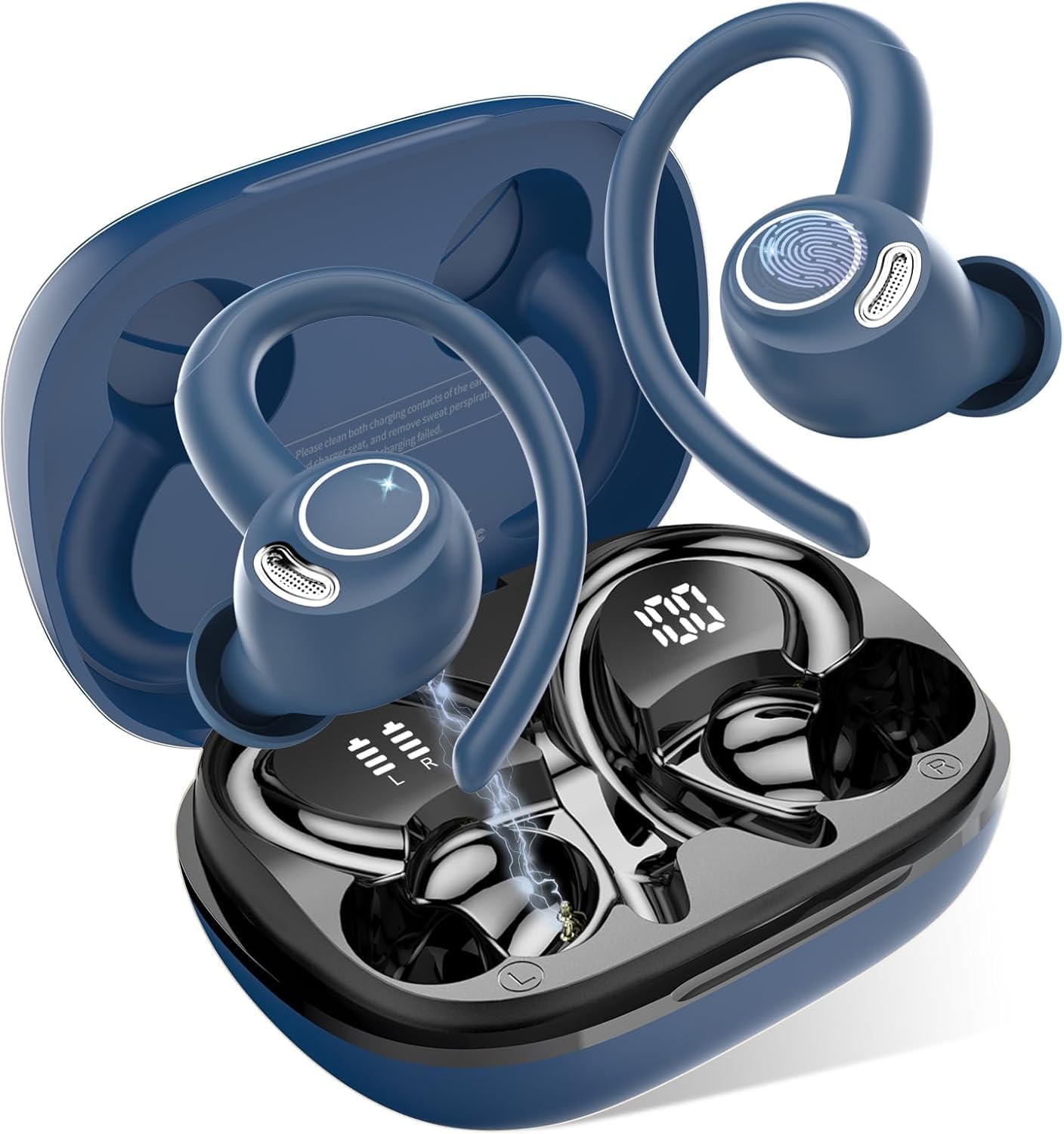 Sports Wireless Earbuds with EarHooks HiFi Stereo Sound with ENC Mic, Blue