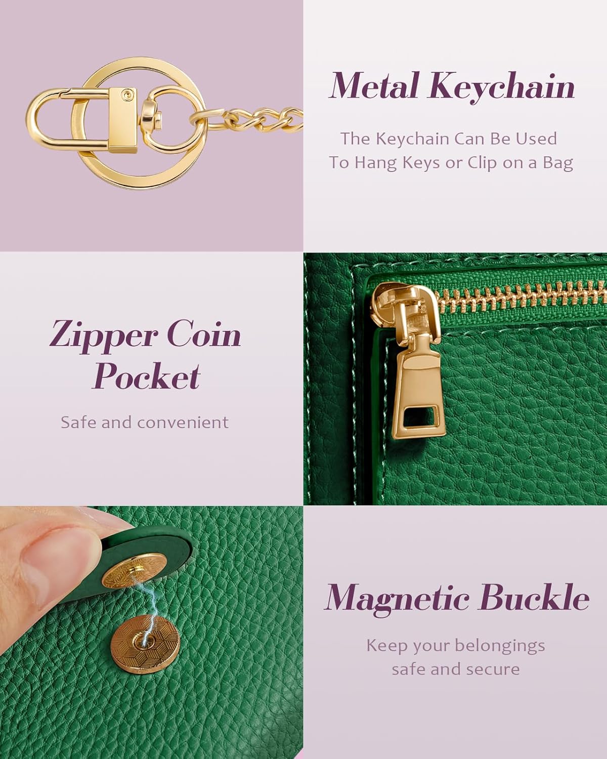 Bistup Wallet for Women Cute Small Card Wallet Genuine Leather Rfid with Keychain for Ladies Teen Girls Female Girly Aesthetic Green Designer Unique Kawaii Pretty Modern Bifold Credit Card Holder - Image 5