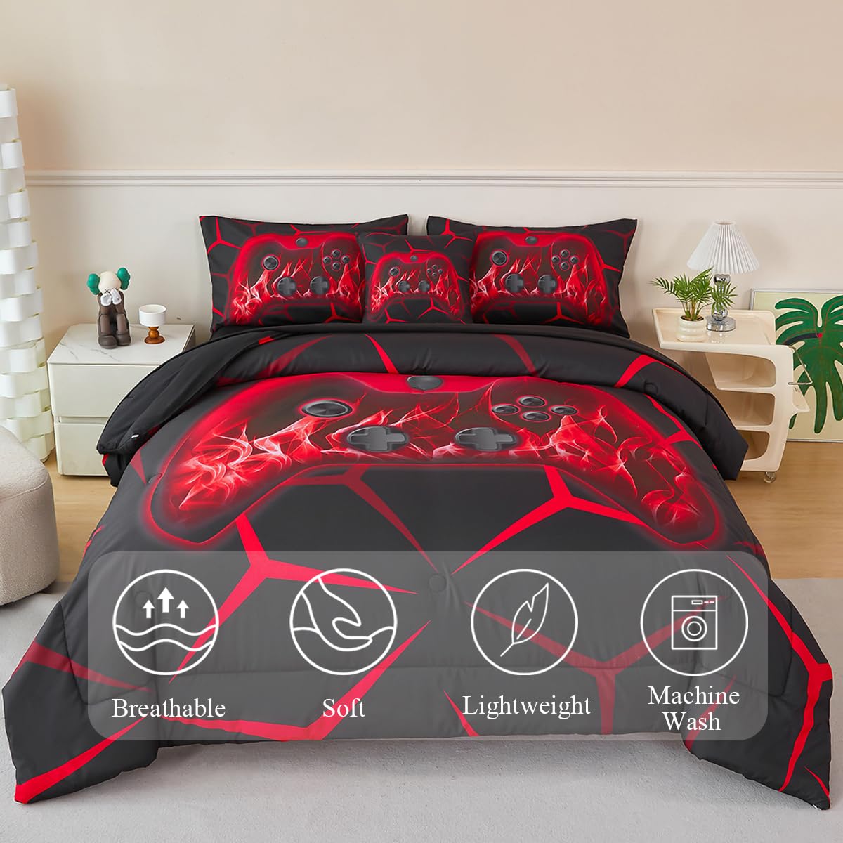 ZSYAYAHA 6 Pcs Games Bed in A Bag for Teens Boys Twin Size Black Red Geometry Gamepad Bedding Sets for Kids Soft Bright Game Console Comforter Set for Boys Children(Red, Twin)